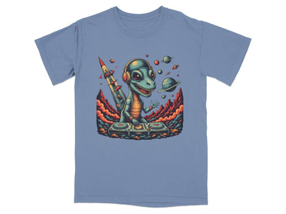 Dino DJ Space Party Cool Music Reptile Art T-Shirt - IconVexa
