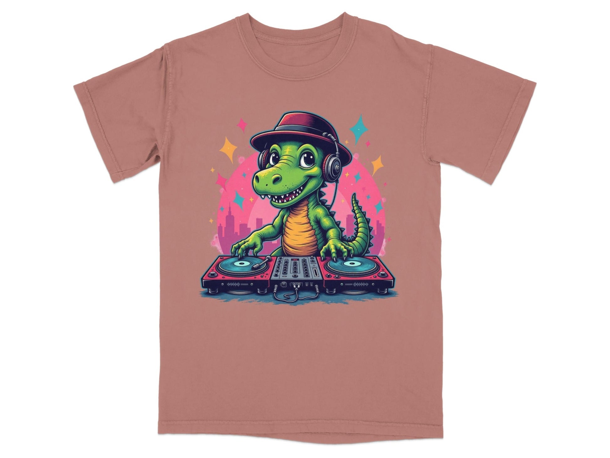 Dino DJ with Headphones Graphic Novelty Cool T-Shirt - IconVexa