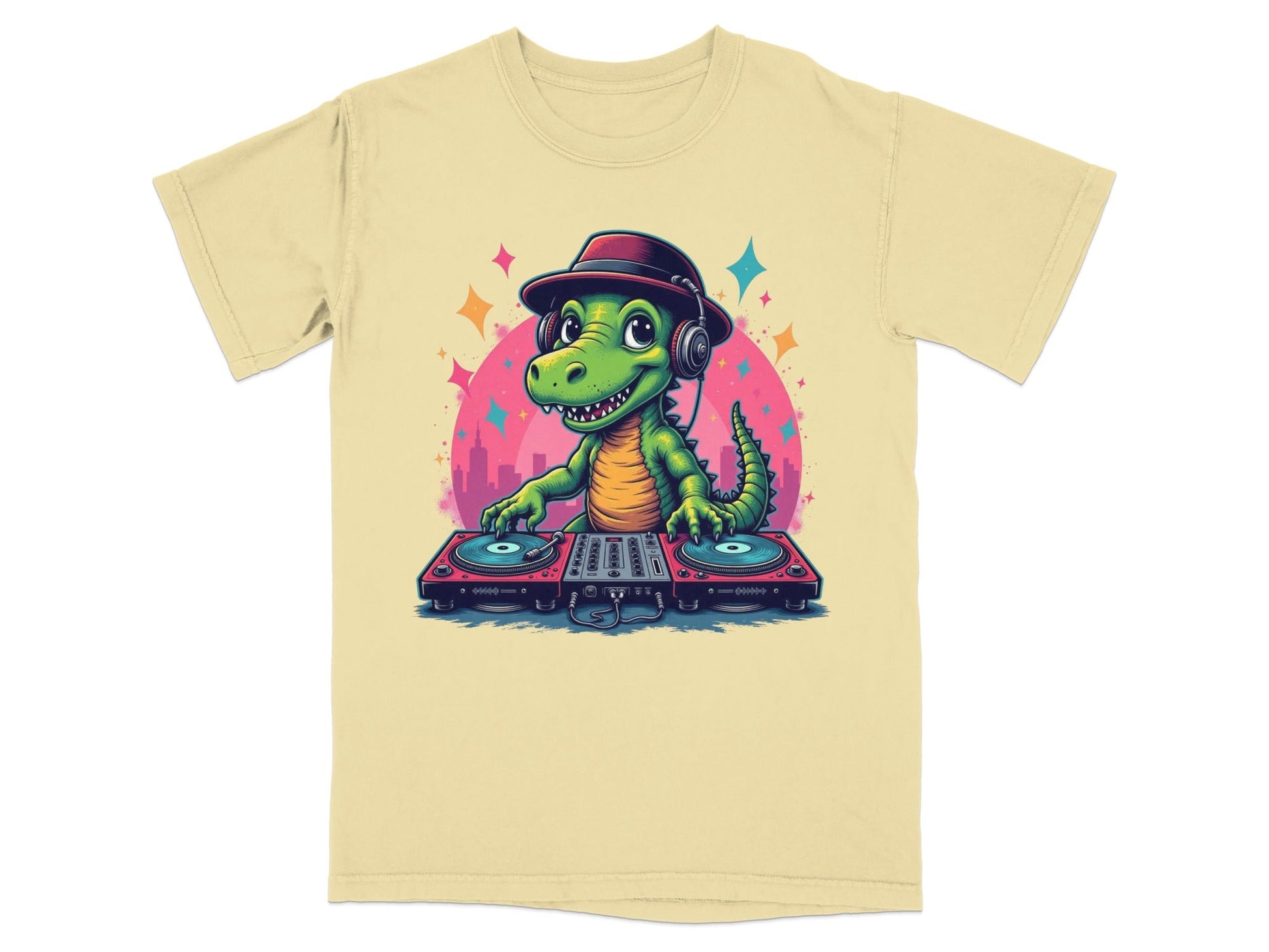 Dino DJ with Headphones Graphic Novelty Cool T-Shirt - IconVexa