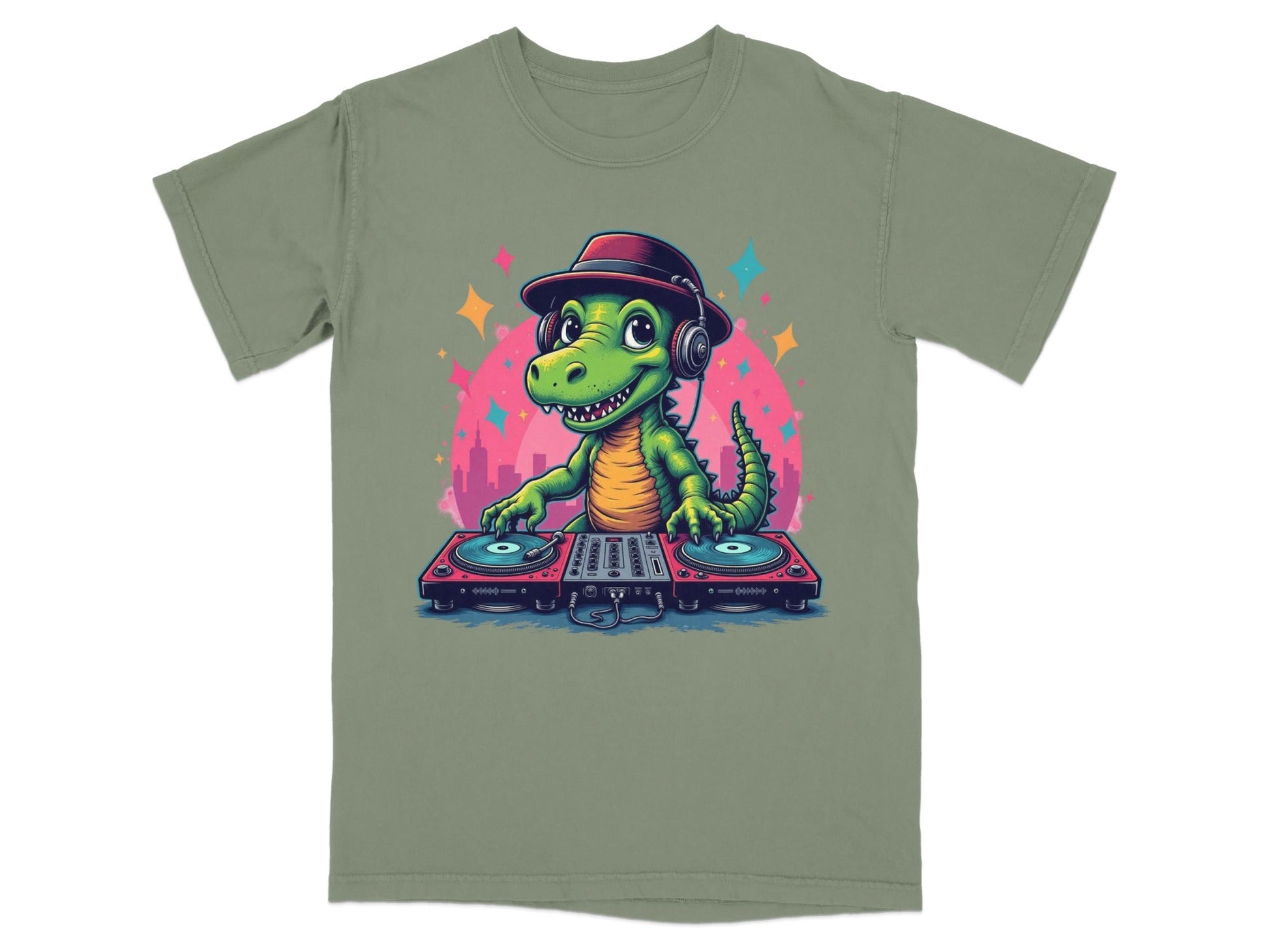 Dino DJ with Headphones Graphic Novelty Cool T-Shirt - IconVexa