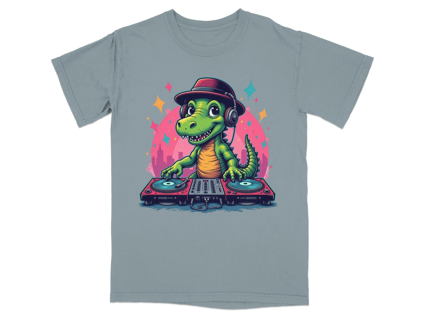Dino DJ with Headphones Graphic Novelty Cool T-Shirt - IconVexa