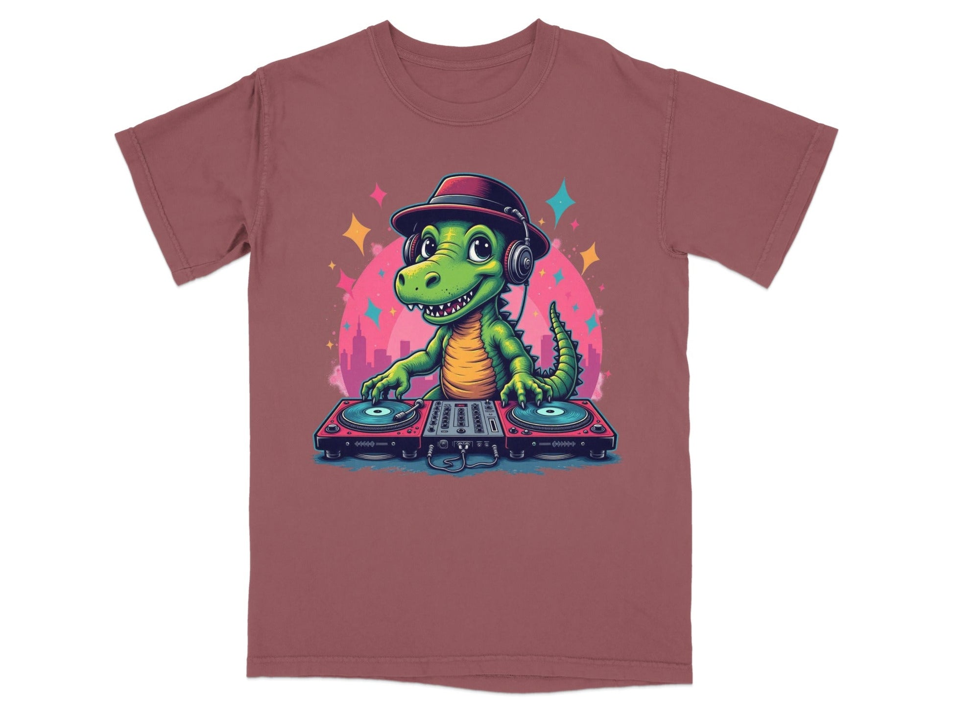 Dino DJ with Headphones Graphic Novelty Cool T-Shirt - IconVexa