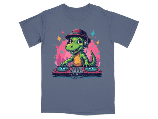Dino DJ with Headphones Graphic Novelty Cool T-Shirt - IconVexa