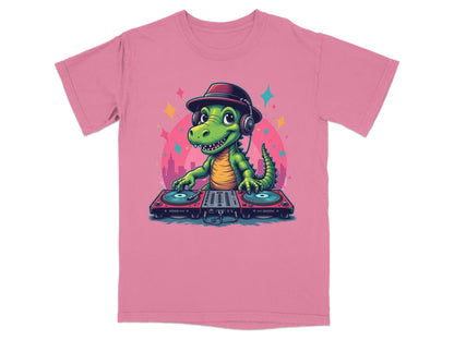 Dino DJ with Headphones Graphic Novelty Cool T-Shirt - IconVexa