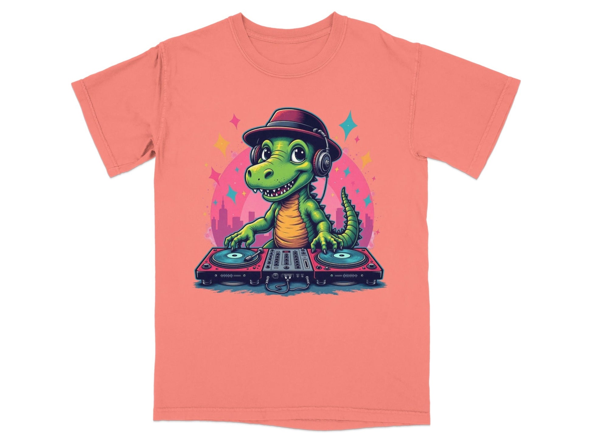 Dino DJ with Headphones Graphic Novelty Cool T-Shirt - IconVexa