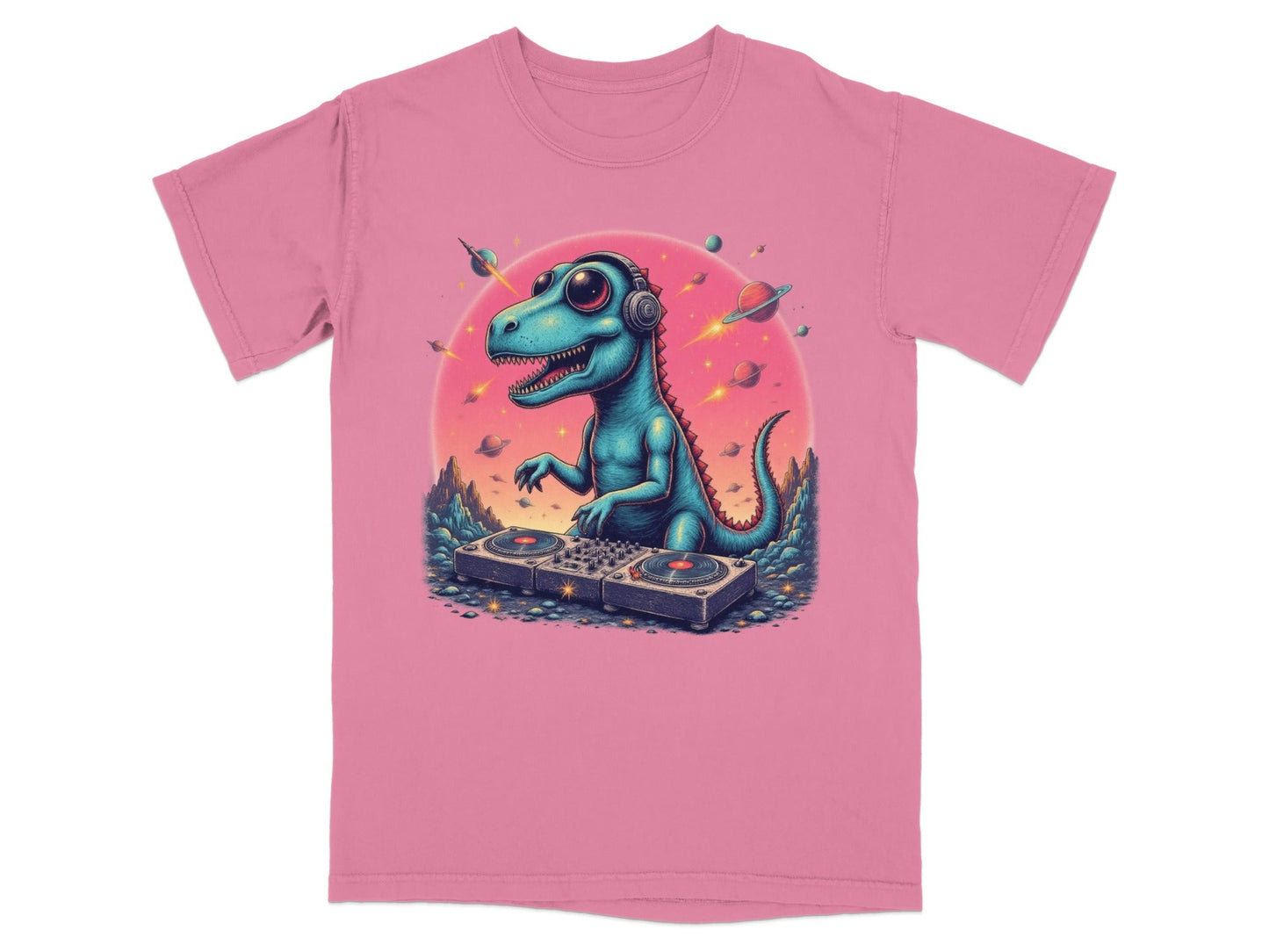 Dinosaur DJ in Space Playing Music Graphic Novelty T-Shirt - IconVexa