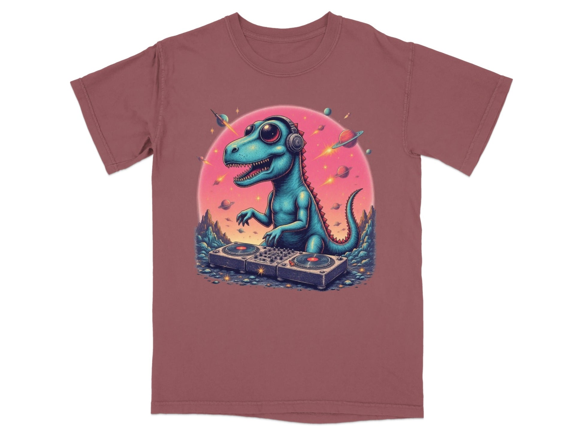 Dinosaur DJ in Space Playing Music Graphic Novelty T-Shirt - IconVexa