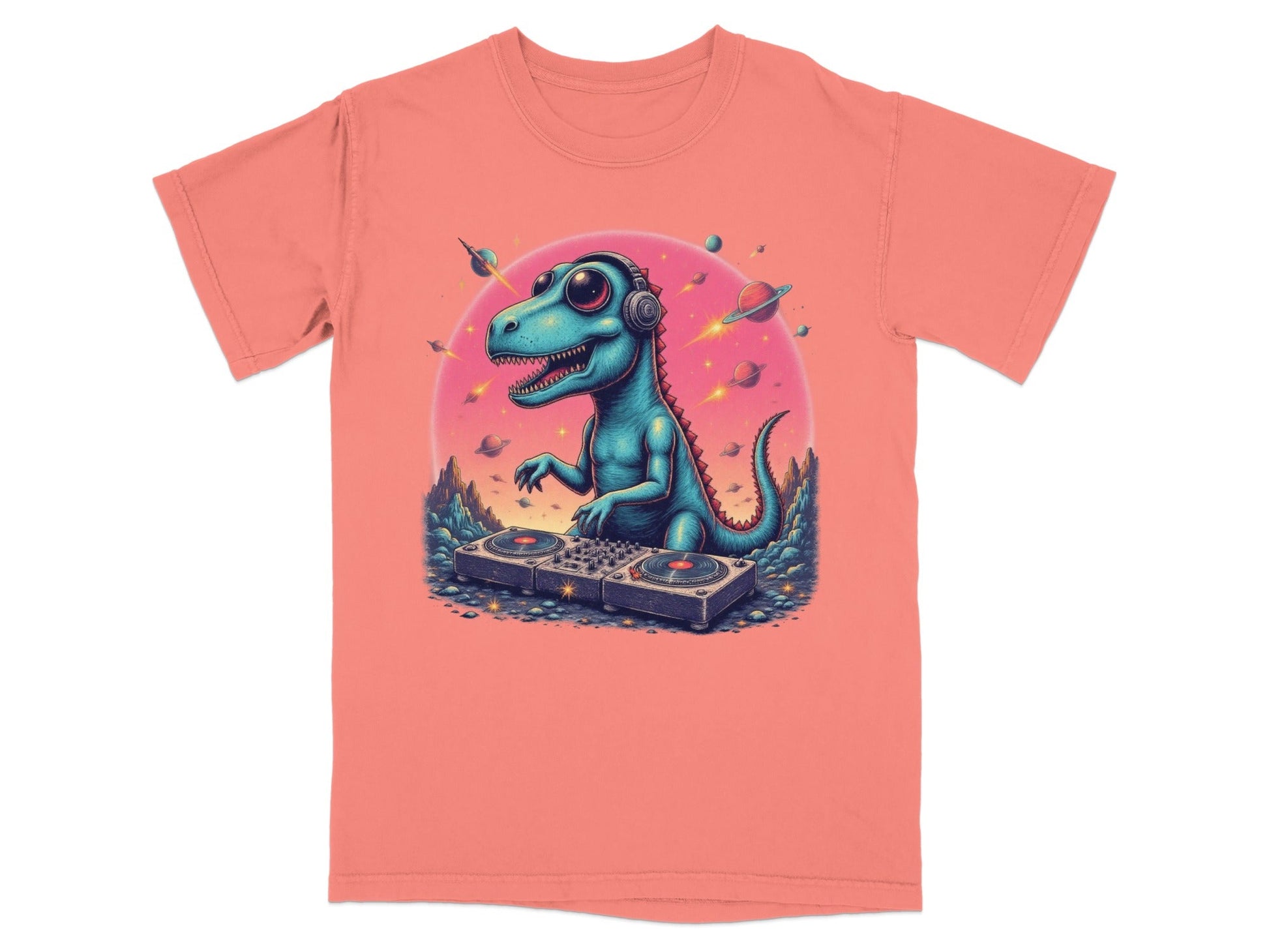 Dinosaur DJ in Space Playing Music Graphic Novelty T-Shirt - IconVexa