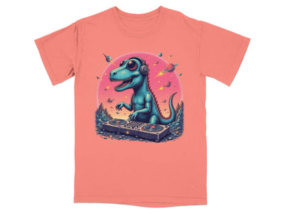 Dinosaur DJ in Space Playing Music Graphic Novelty T-Shirt - IconVexa
