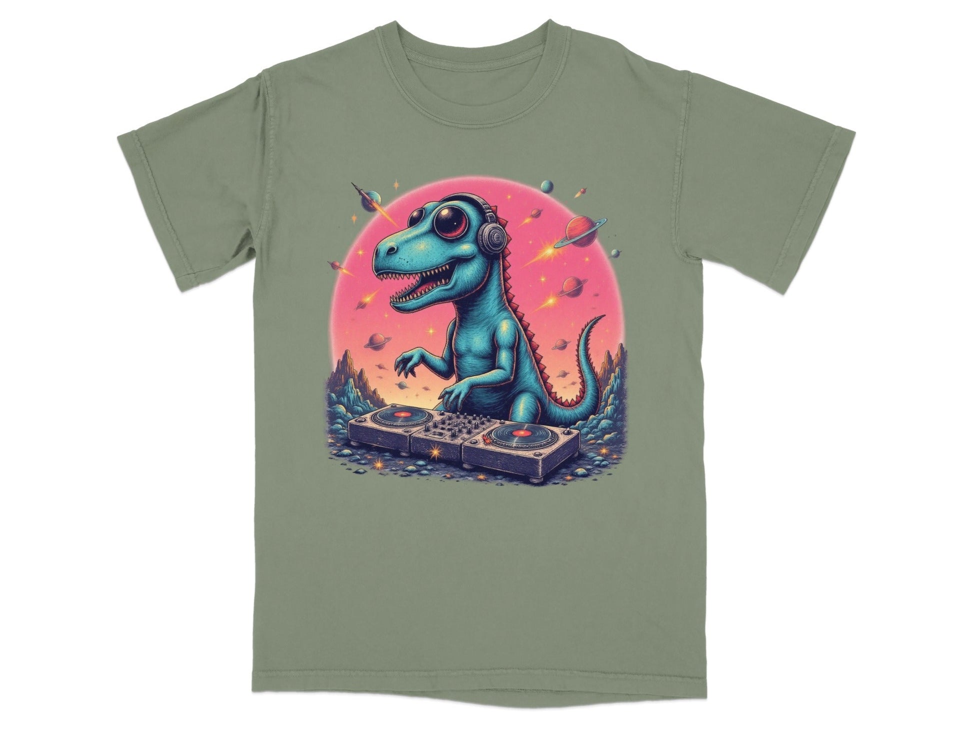 Dinosaur DJ in Space Playing Music Graphic Novelty T-Shirt - IconVexa