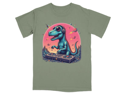 Dinosaur DJ in Space Playing Music Graphic Novelty T-Shirt - IconVexa
