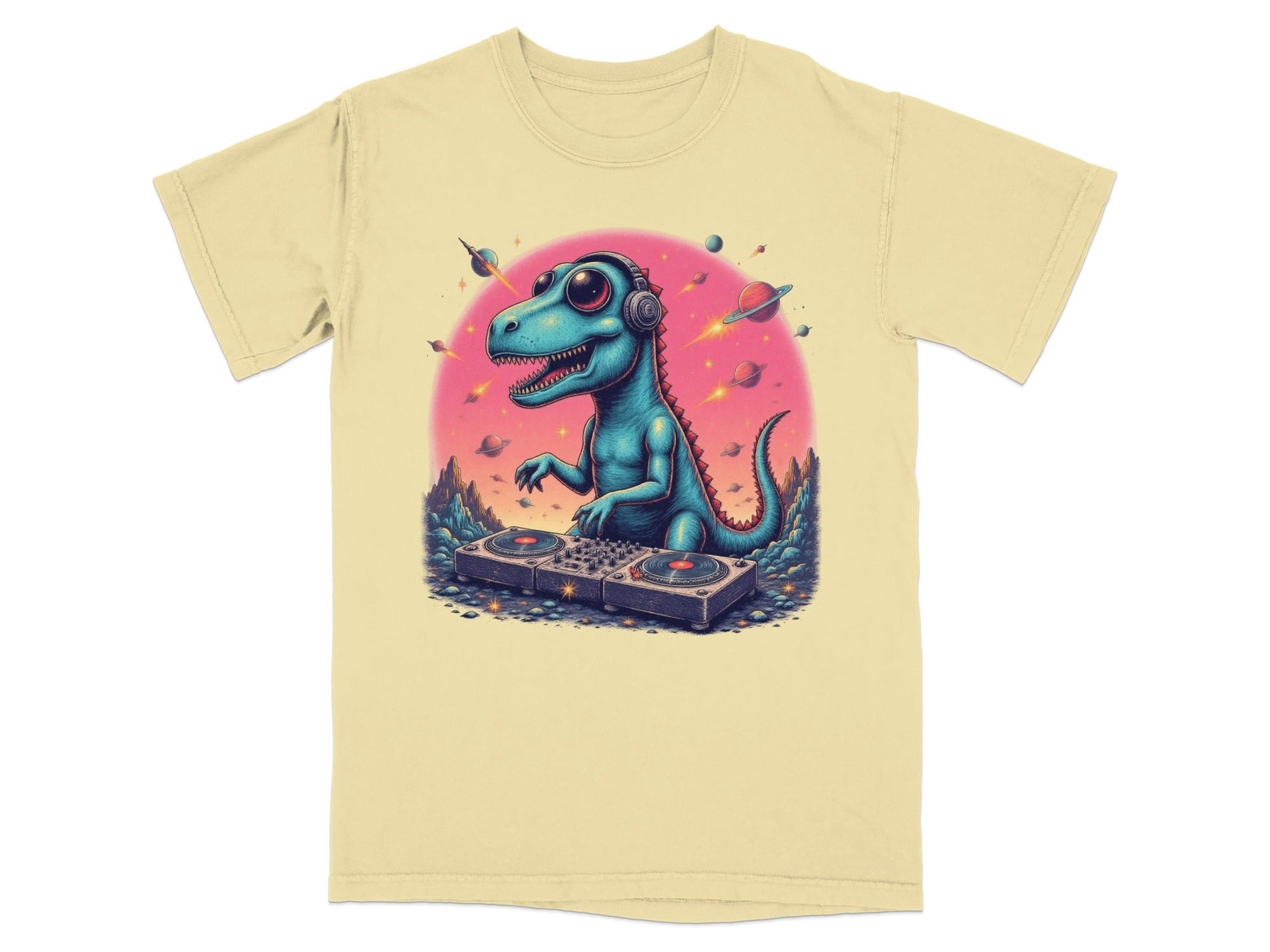 Dinosaur DJ in Space Playing Music Graphic Novelty T-Shirt - IconVexa