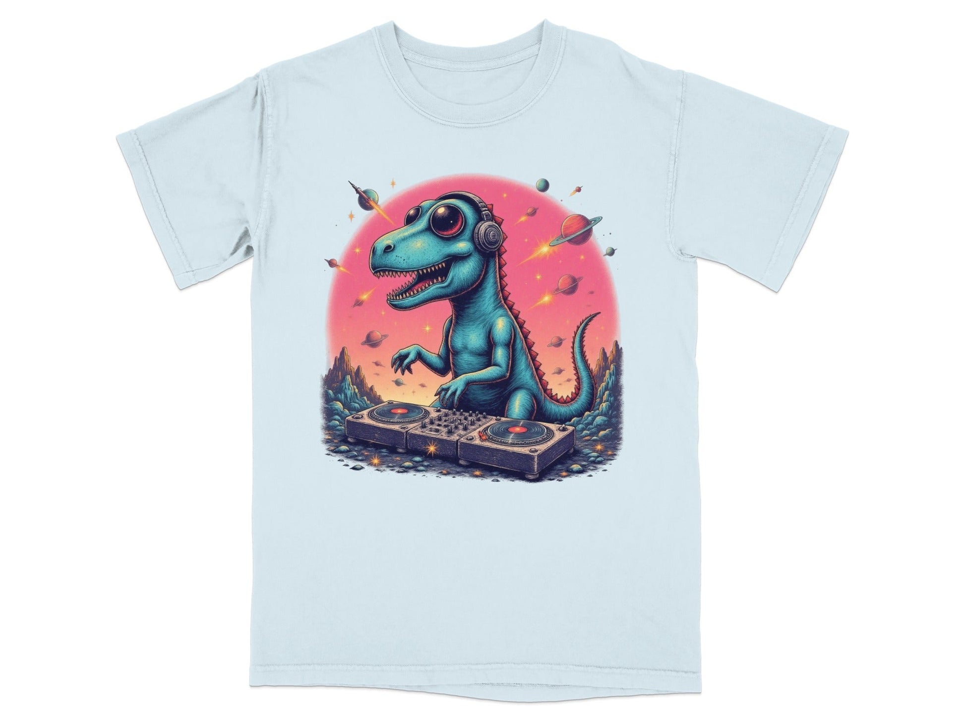 Dinosaur DJ in Space Playing Music Graphic Novelty T-Shirt - IconVexa