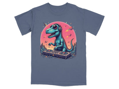 Dinosaur DJ in Space Playing Music Graphic Novelty T-Shirt - IconVexa
