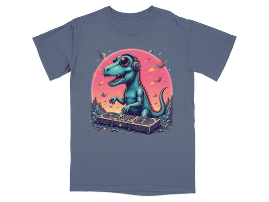 Dinosaur DJ in Space Playing Music Graphic Novelty T-Shirt - IconVexa