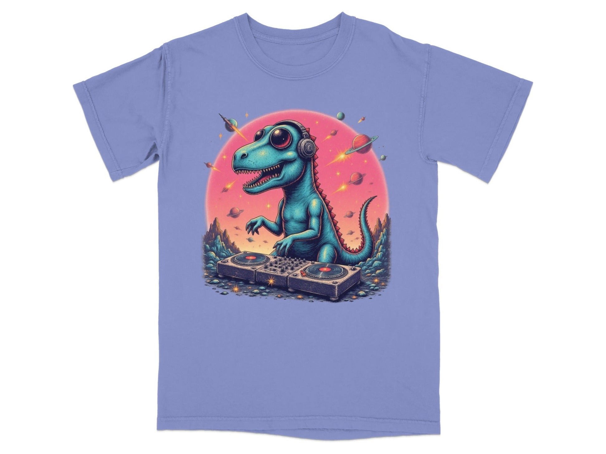 Dinosaur DJ in Space Playing Music Graphic Novelty T-Shirt - IconVexa