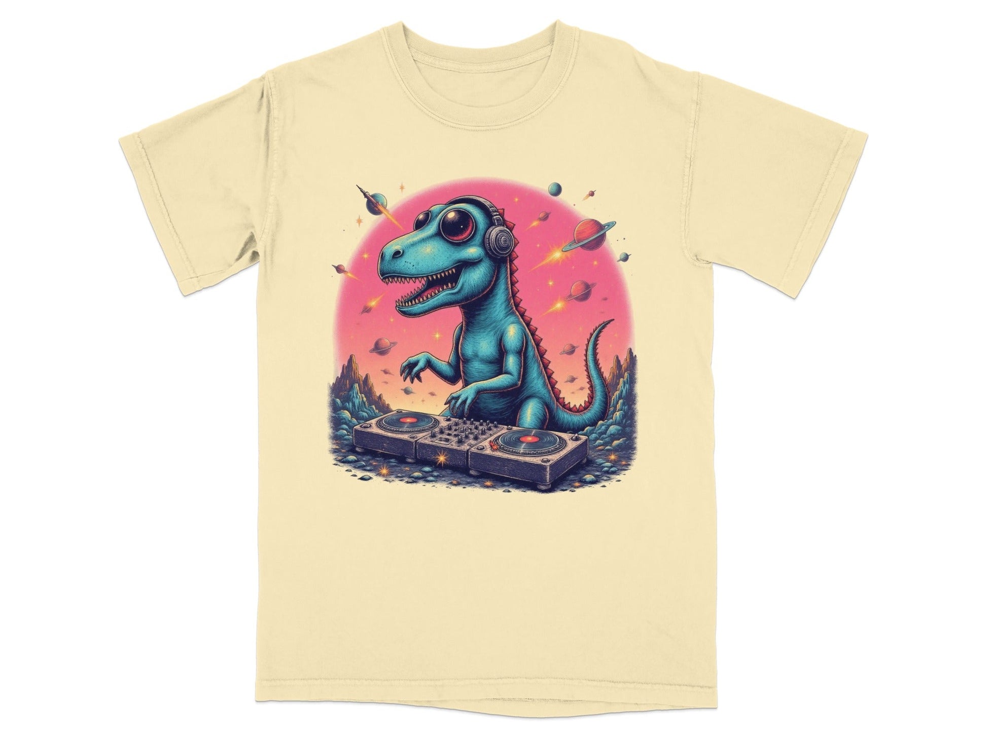 Dinosaur DJ in Space Playing Music Graphic Novelty T-Shirt - IconVexa