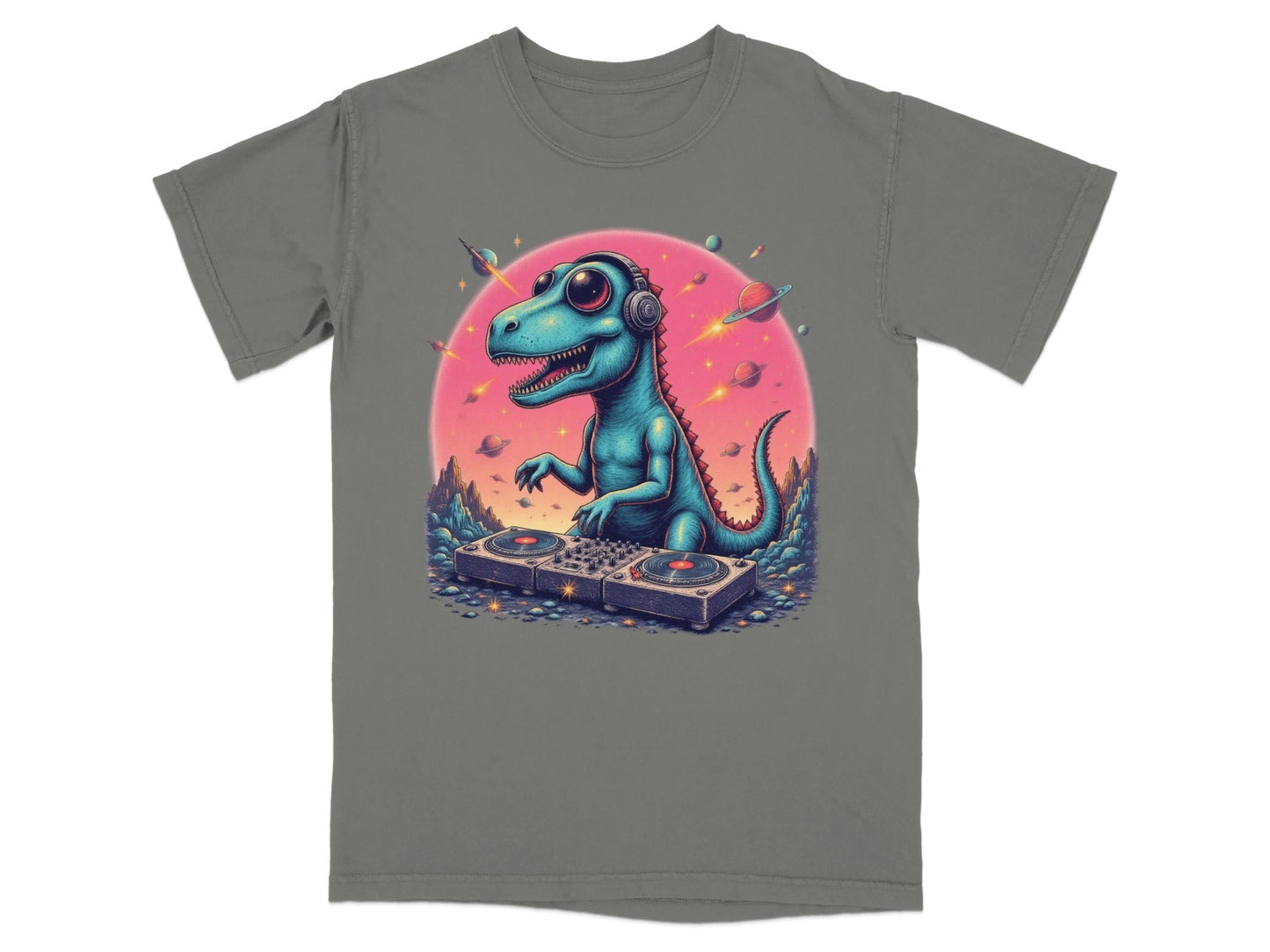 Dinosaur DJ in Space Playing Music Graphic Novelty T-Shirt - IconVexa