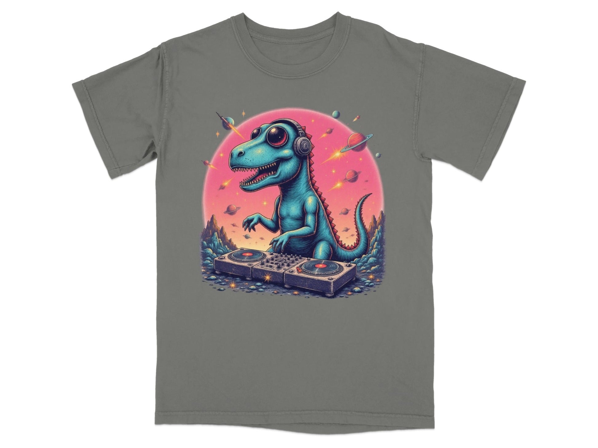 Dinosaur DJ in Space Playing Music Graphic Novelty T-Shirt - IconVexa