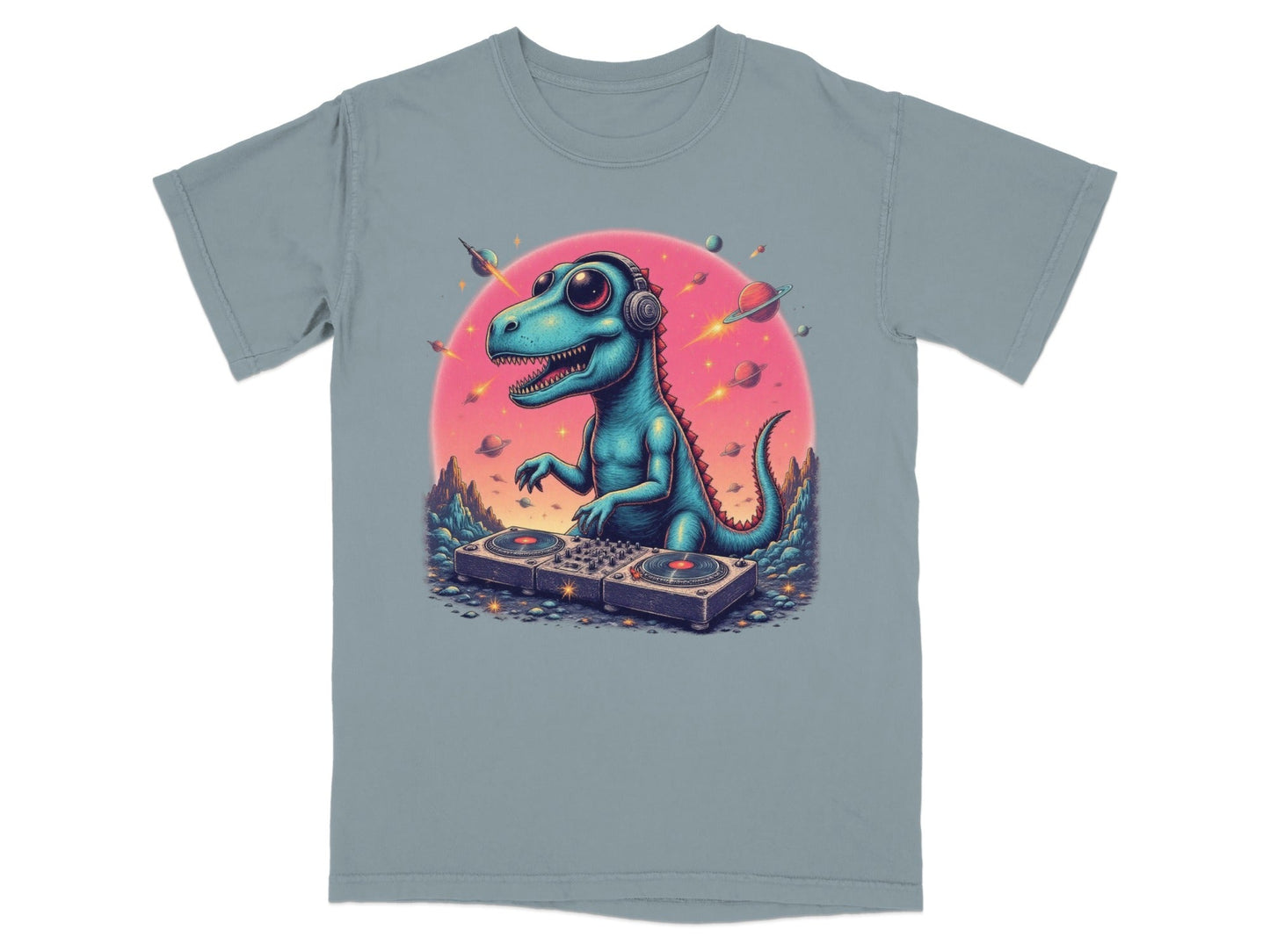 Dinosaur DJ in Space Playing Music Graphic Novelty T-Shirt - IconVexa