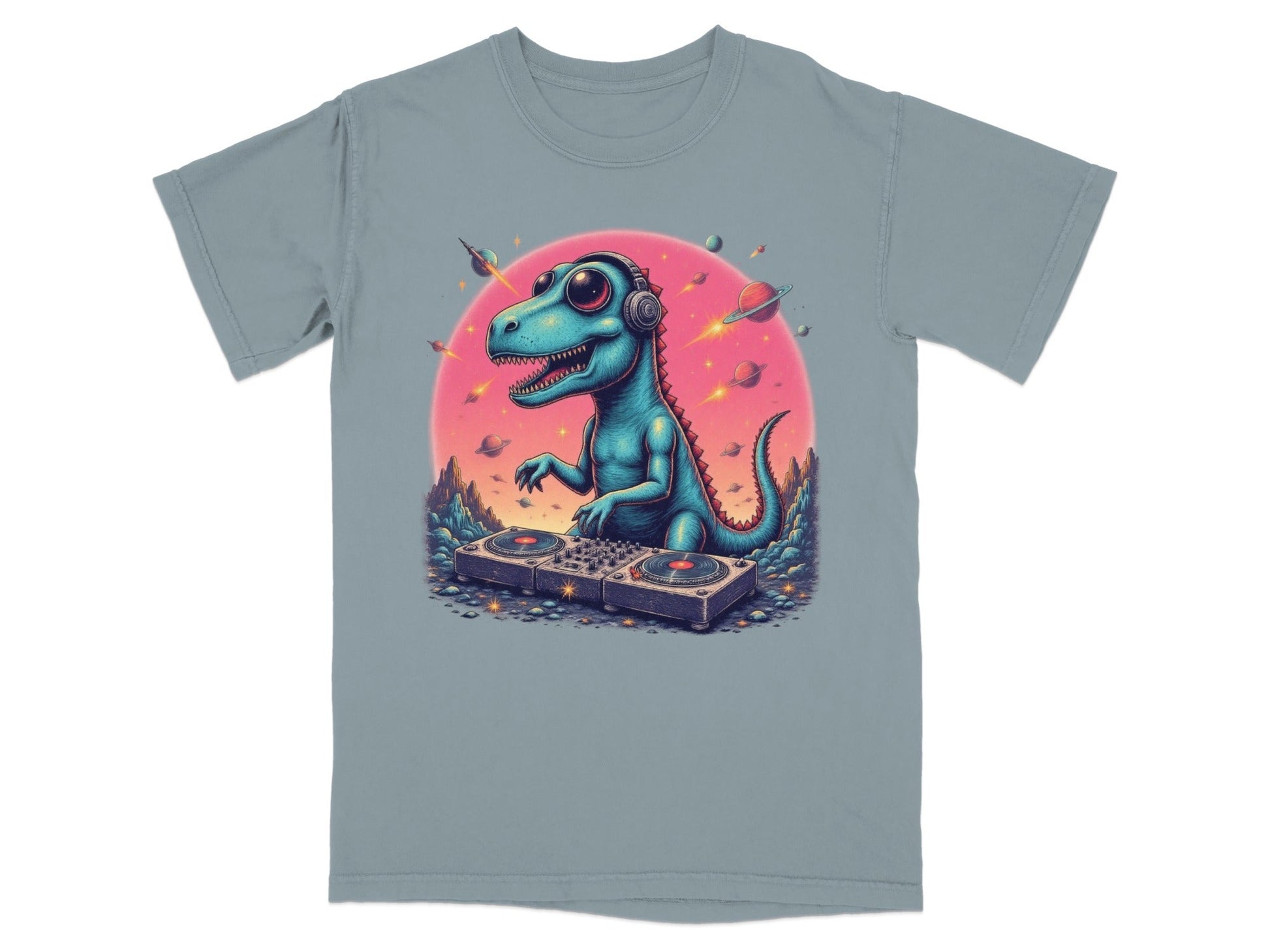 Dinosaur DJ in Space Playing Music Graphic Novelty T-Shirt - IconVexa