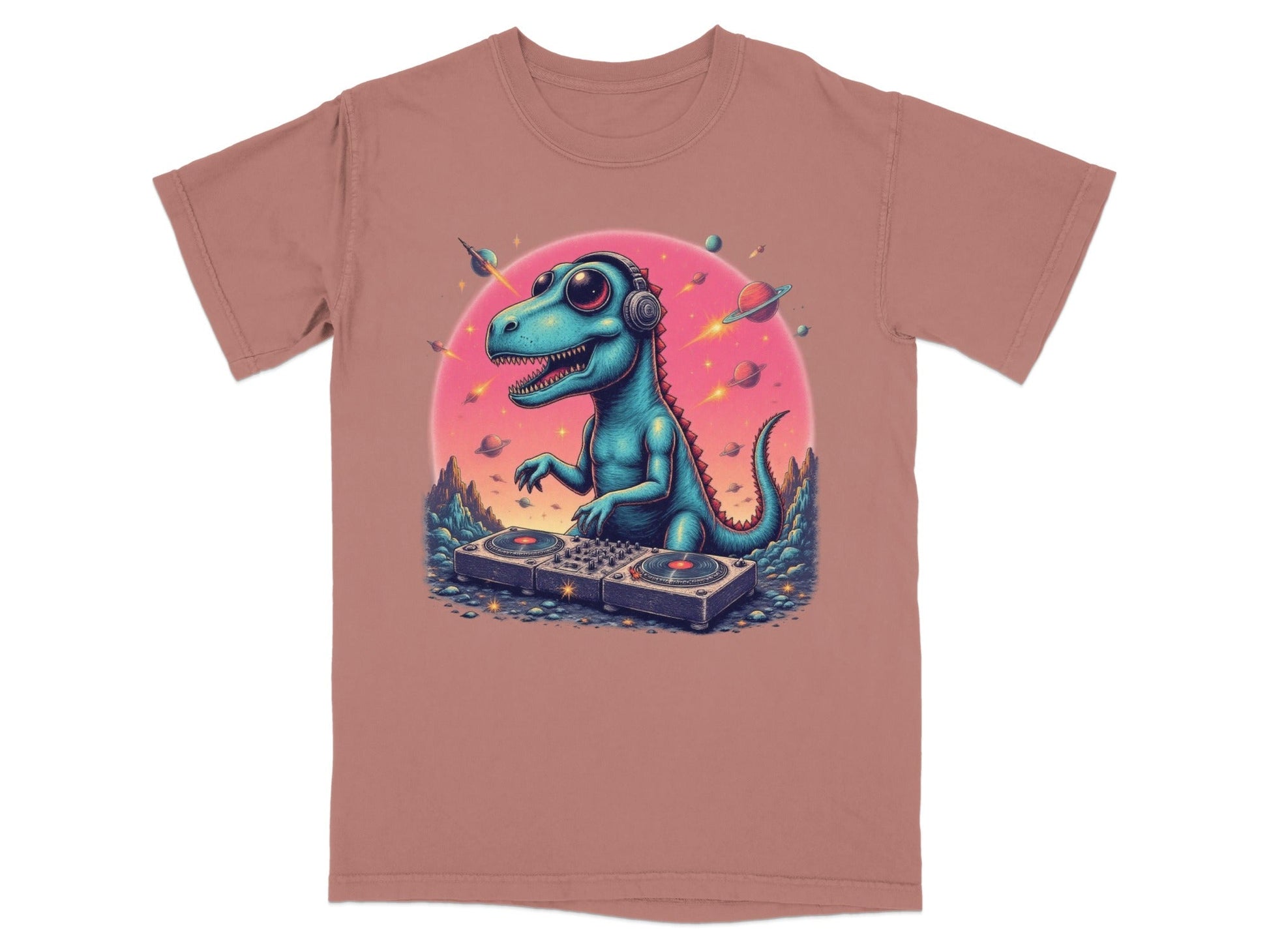 Dinosaur DJ in Space Playing Music Graphic Novelty T-Shirt - IconVexa