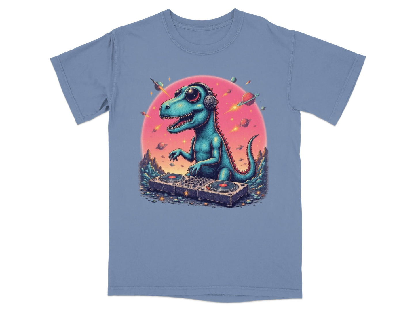 Dinosaur DJ in Space Playing Music Graphic Novelty T-Shirt - IconVexa