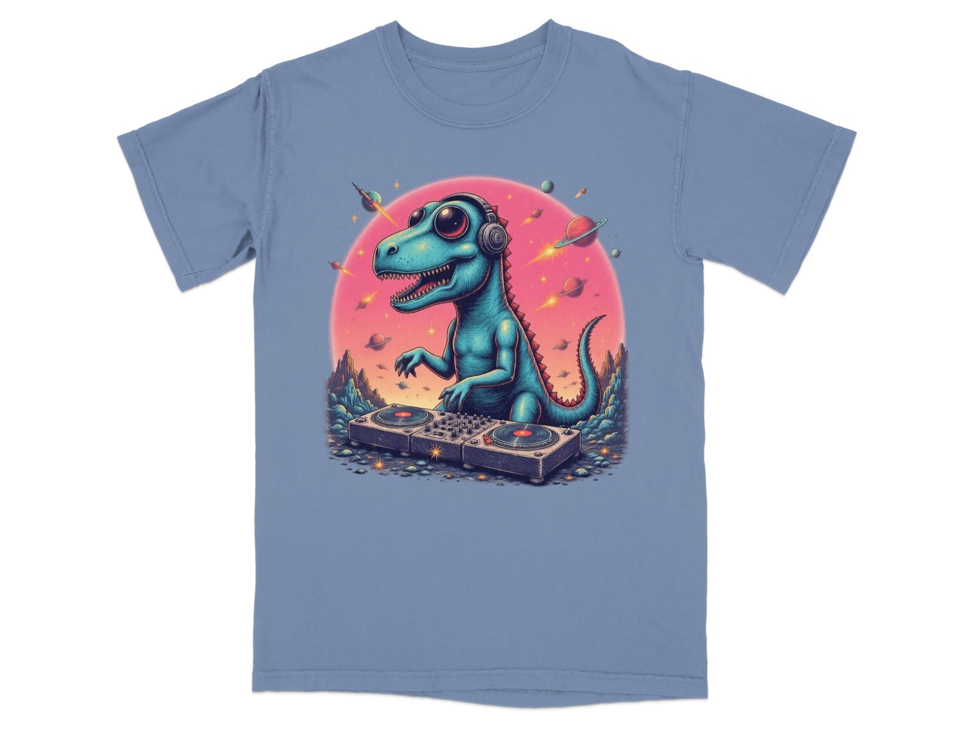 Dinosaur DJ in Space Playing Music Graphic Novelty T-Shirt - IconVexa