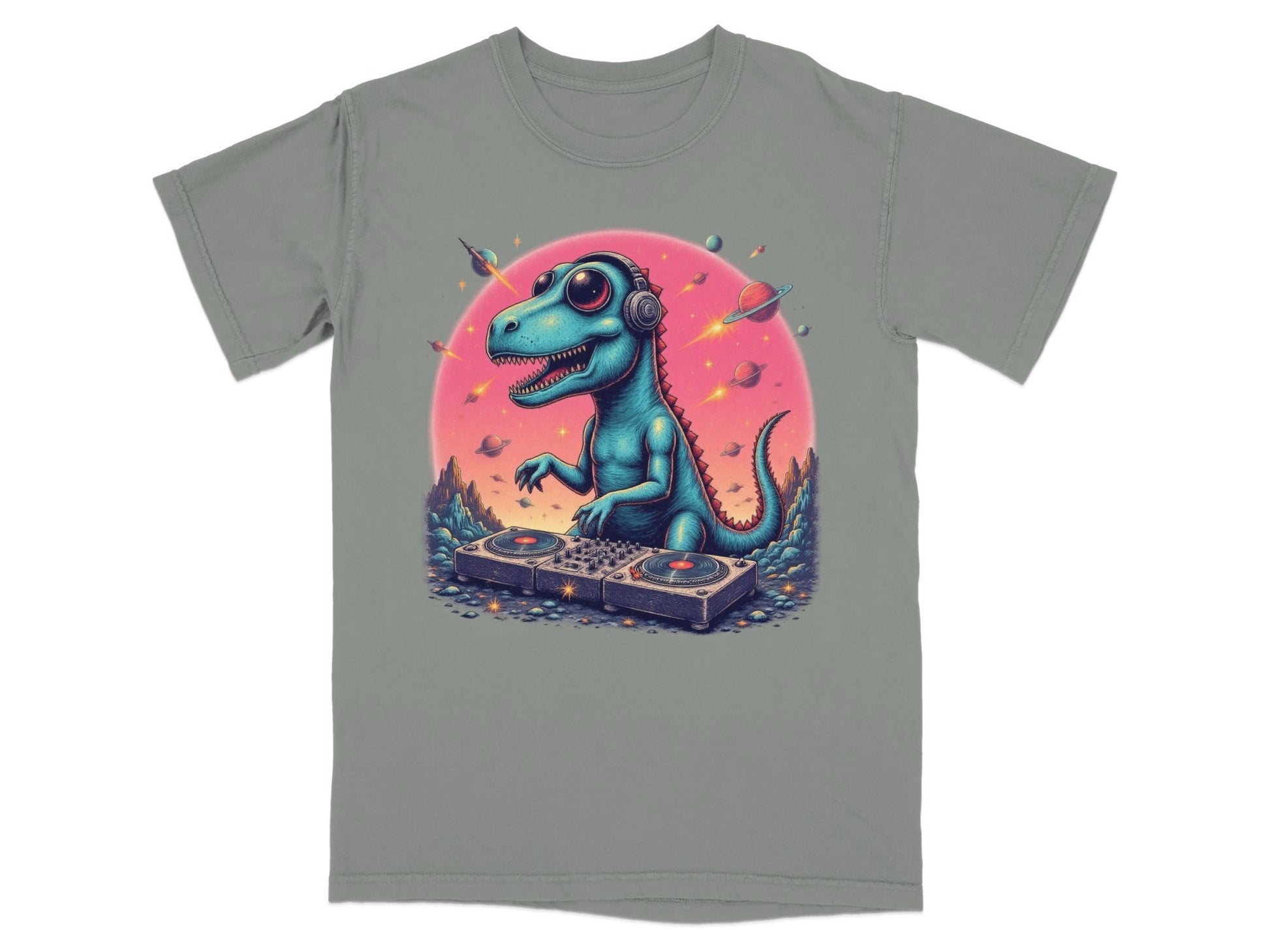 Dinosaur DJ in Space Playing Music Graphic Novelty T-Shirt - IconVexa
