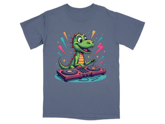 Dinosaur DJ Mixing Music Illustration Funny Graphic T-Shirt - IconVexa