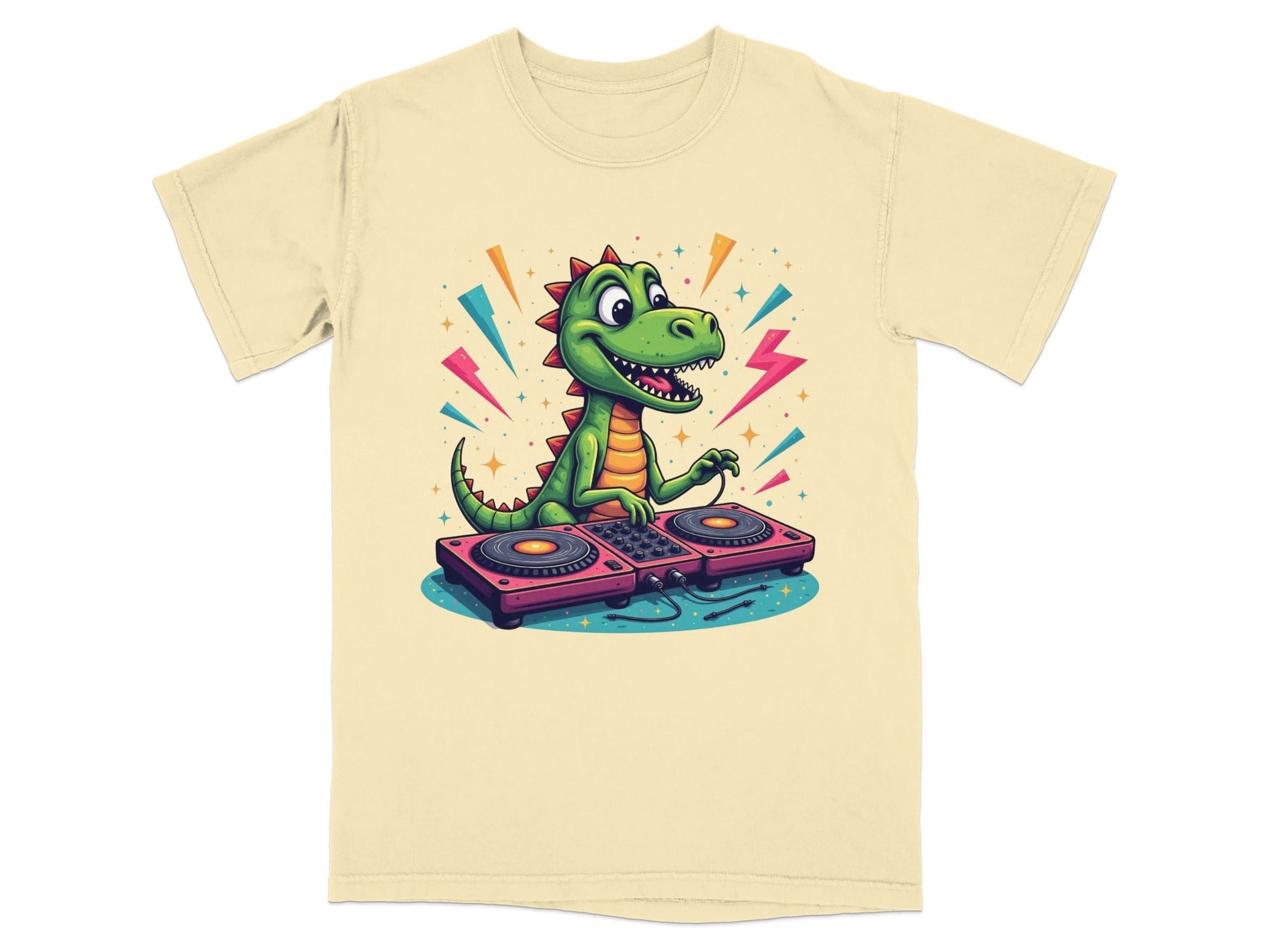 Dinosaur DJ Mixing Music Illustration Funny Graphic T-Shirt - IconVexa
