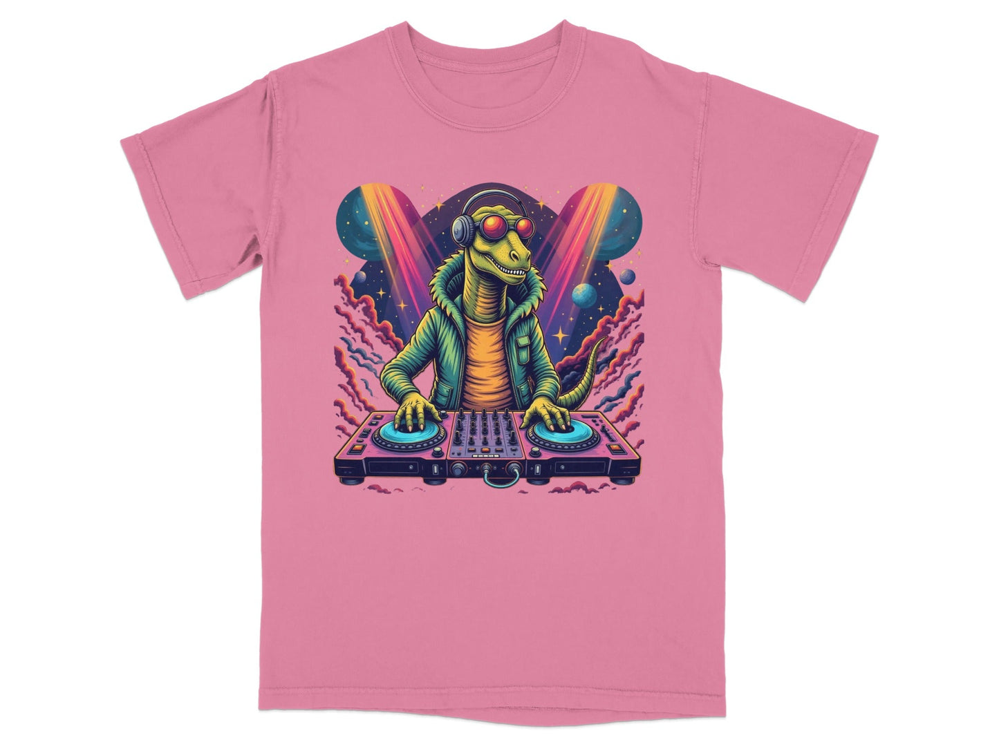 Dinosaur DJ with Headphones and Turntable Graphic T-Shirt - IconVexa