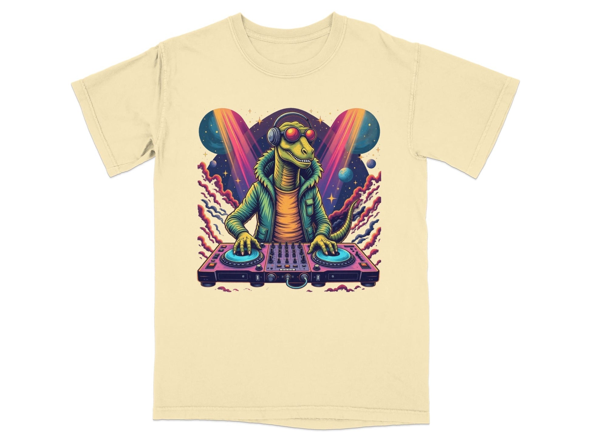 Dinosaur DJ with Headphones and Turntable Graphic T-Shirt - IconVexa