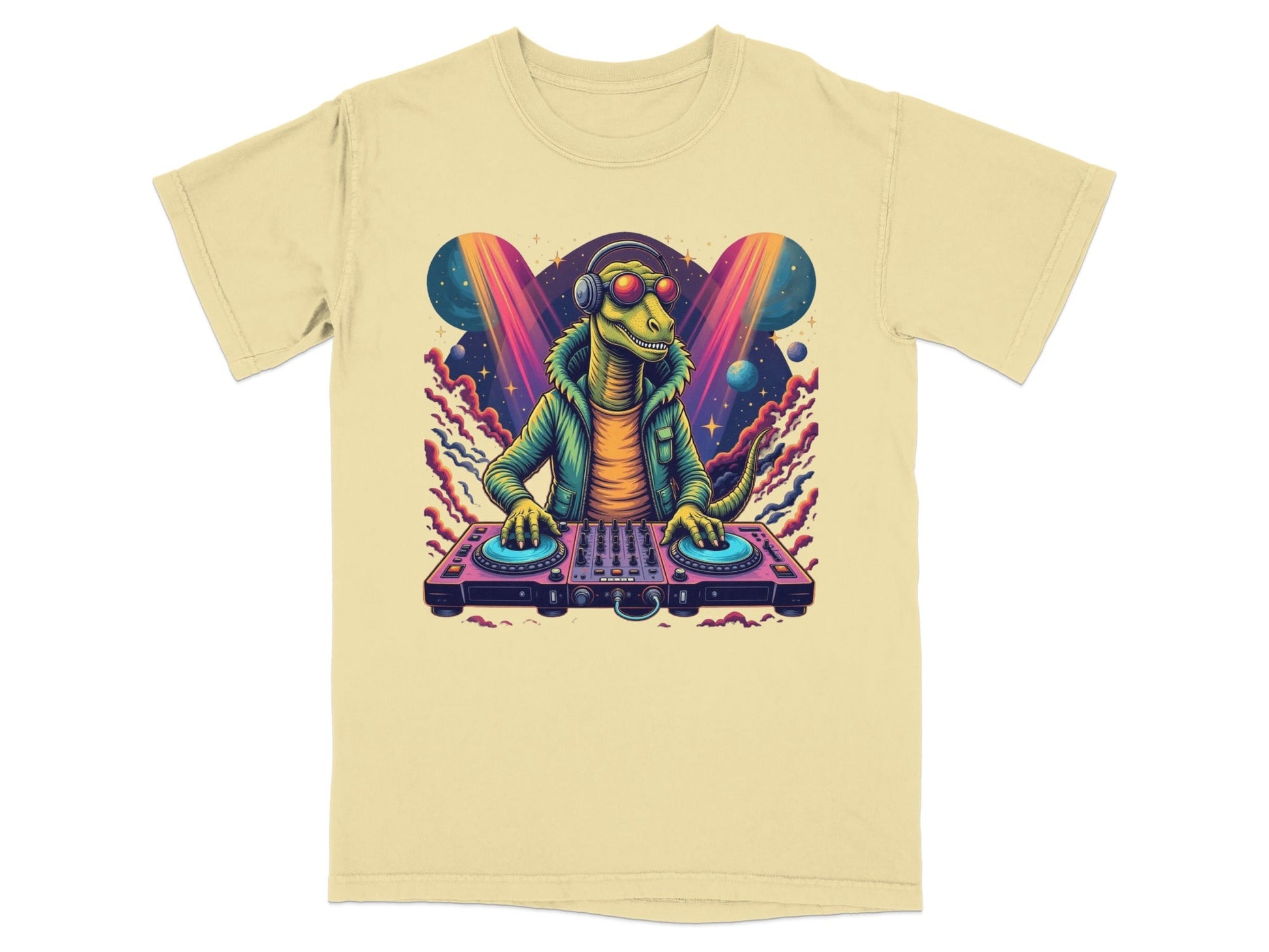 Dinosaur DJ with Headphones and Turntable Graphic T-Shirt - IconVexa