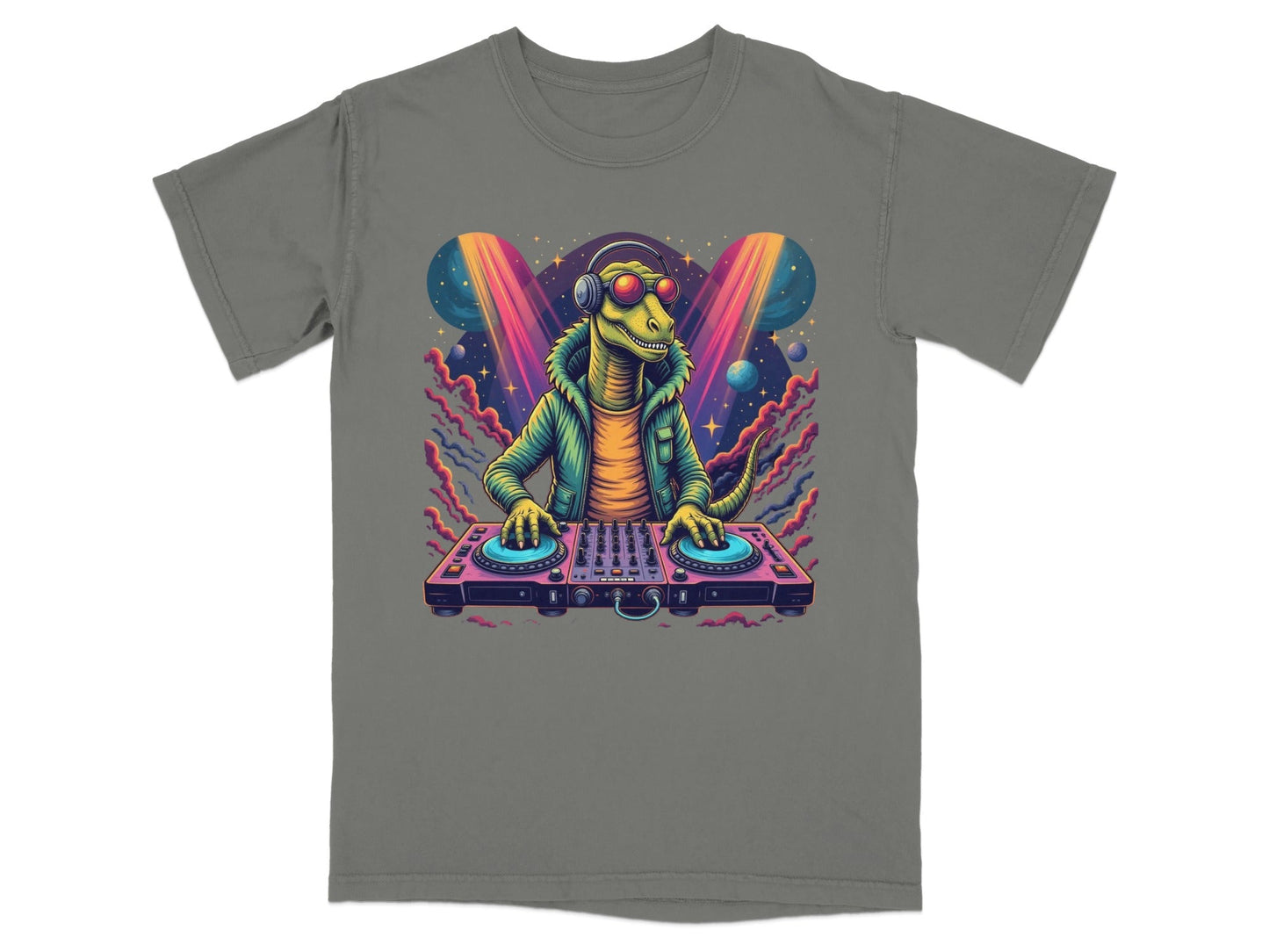 Dinosaur DJ with Headphones and Turntable Graphic T-Shirt - IconVexa