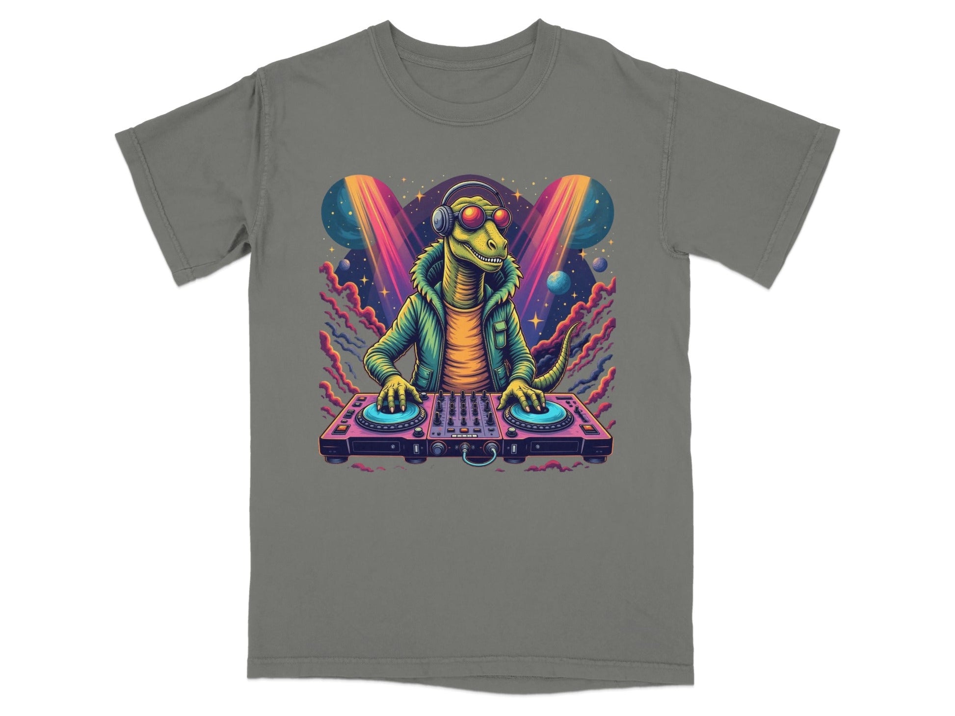 Dinosaur DJ with Headphones and Turntable Graphic T-Shirt - IconVexa