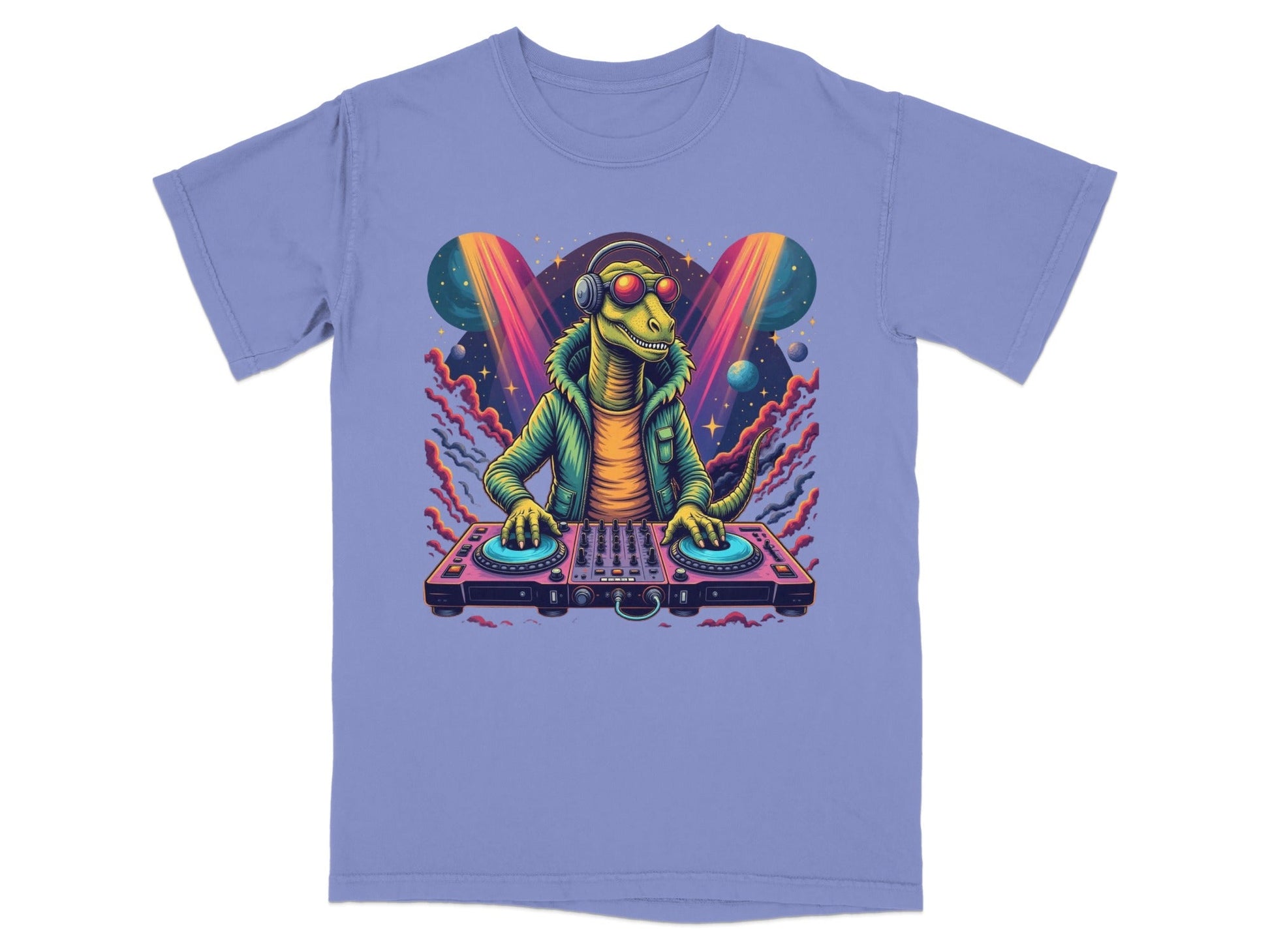 Dinosaur DJ with Headphones and Turntable Graphic T-Shirt - IconVexa
