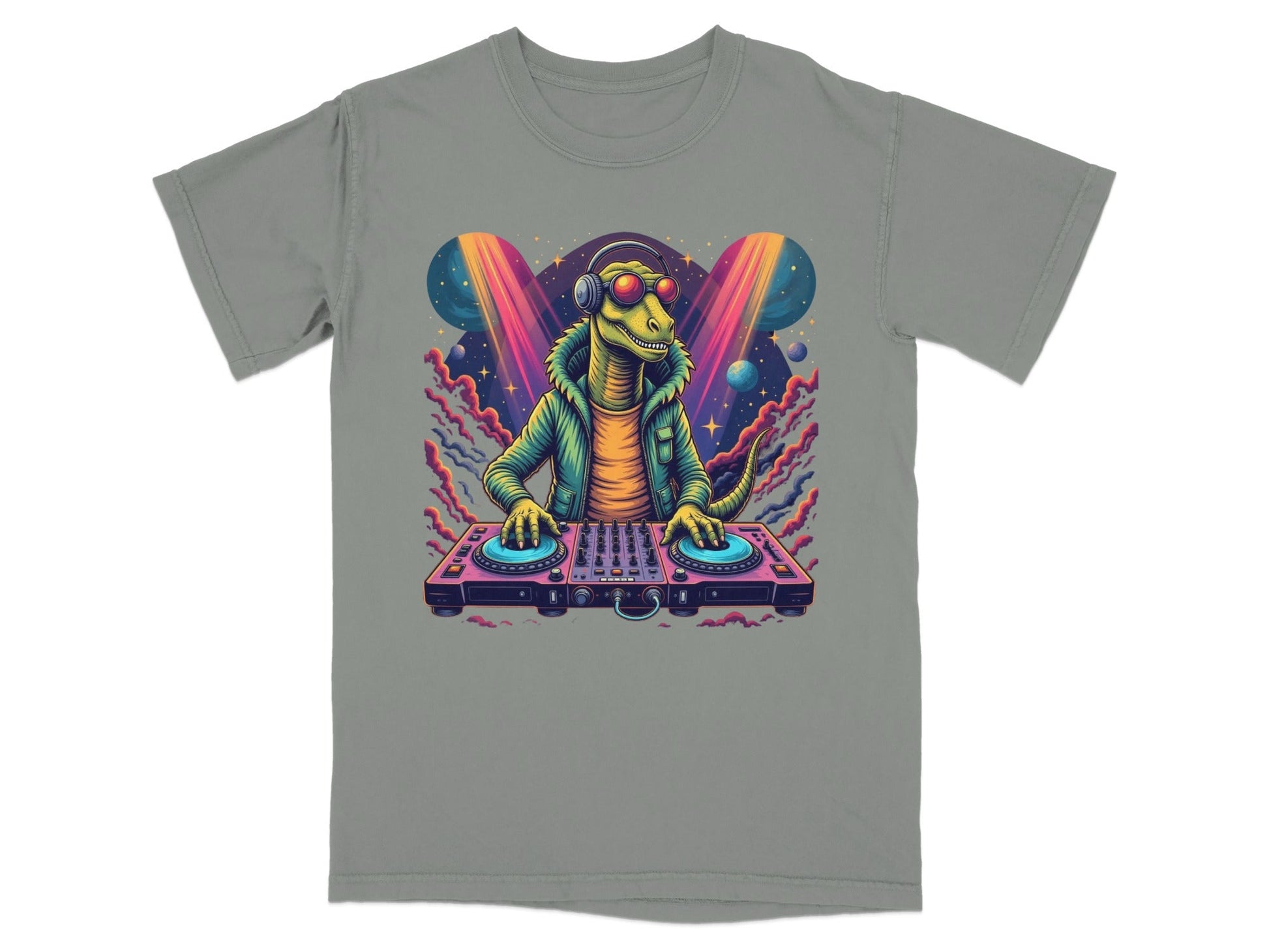 Dinosaur DJ with Headphones and Turntable Graphic T-Shirt - IconVexa