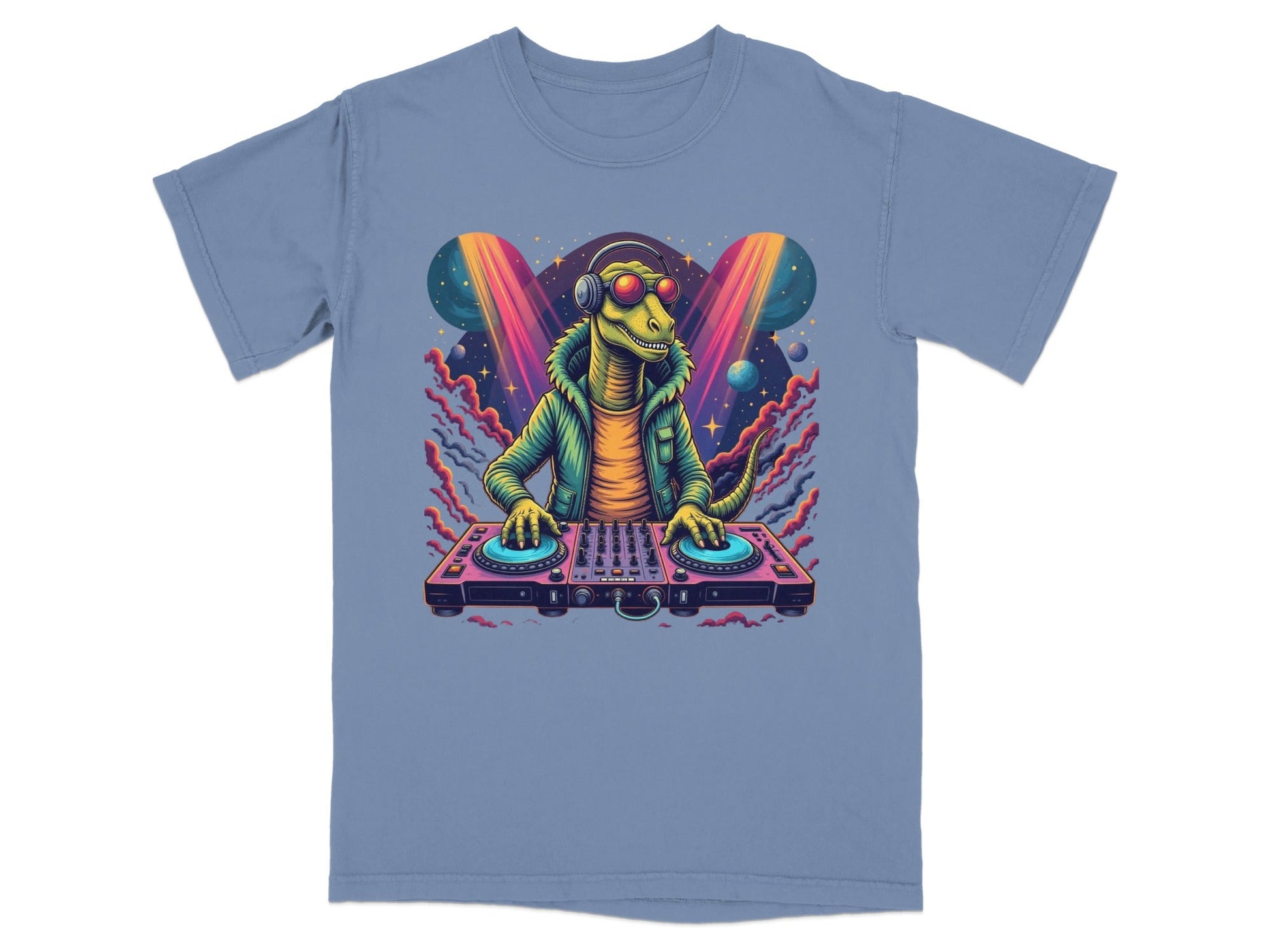 Dinosaur DJ with Headphones and Turntable Graphic T-Shirt - IconVexa