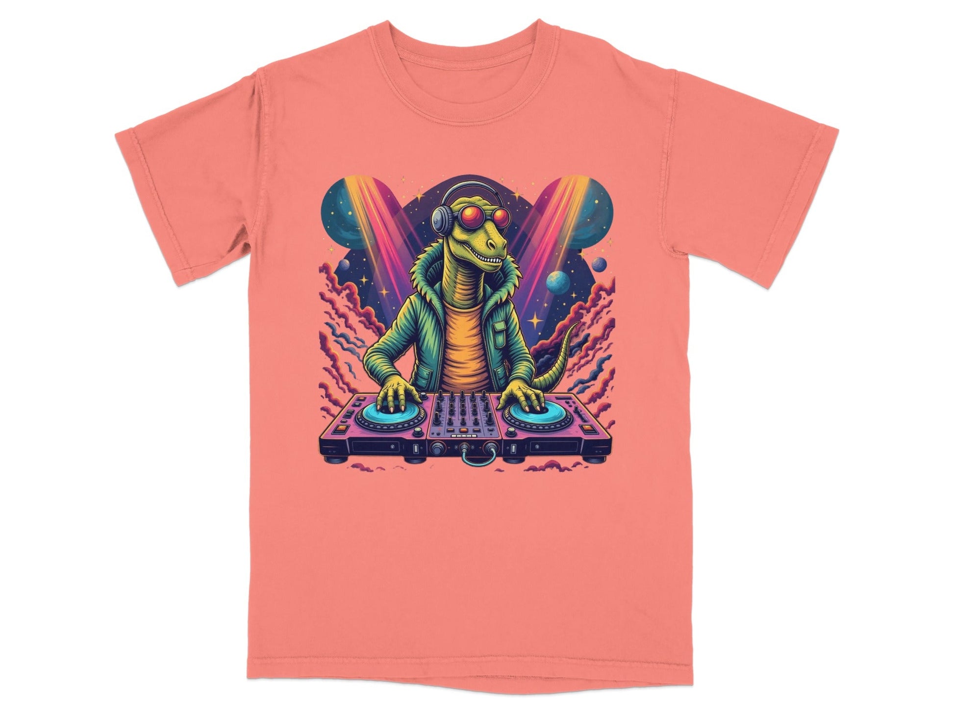 Dinosaur DJ with Headphones and Turntable Graphic T-Shirt - IconVexa