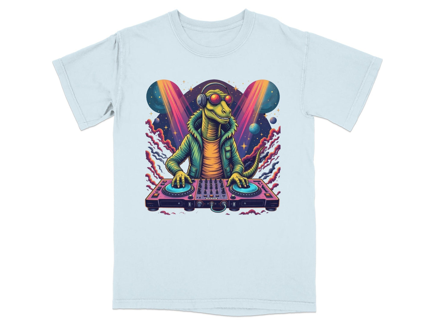 Dinosaur DJ with Headphones and Turntable Graphic T-Shirt - IconVexa