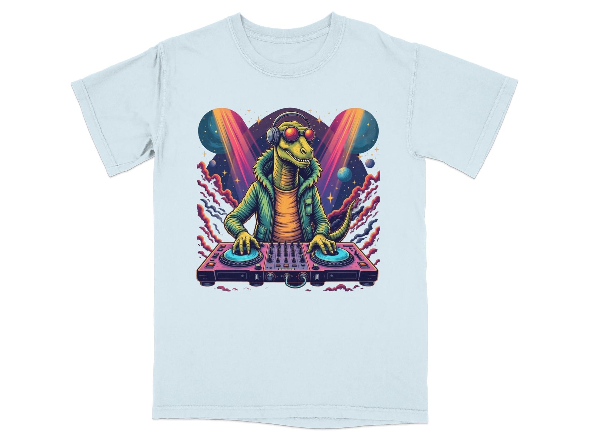 Dinosaur DJ with Headphones and Turntable Graphic T-Shirt - IconVexa