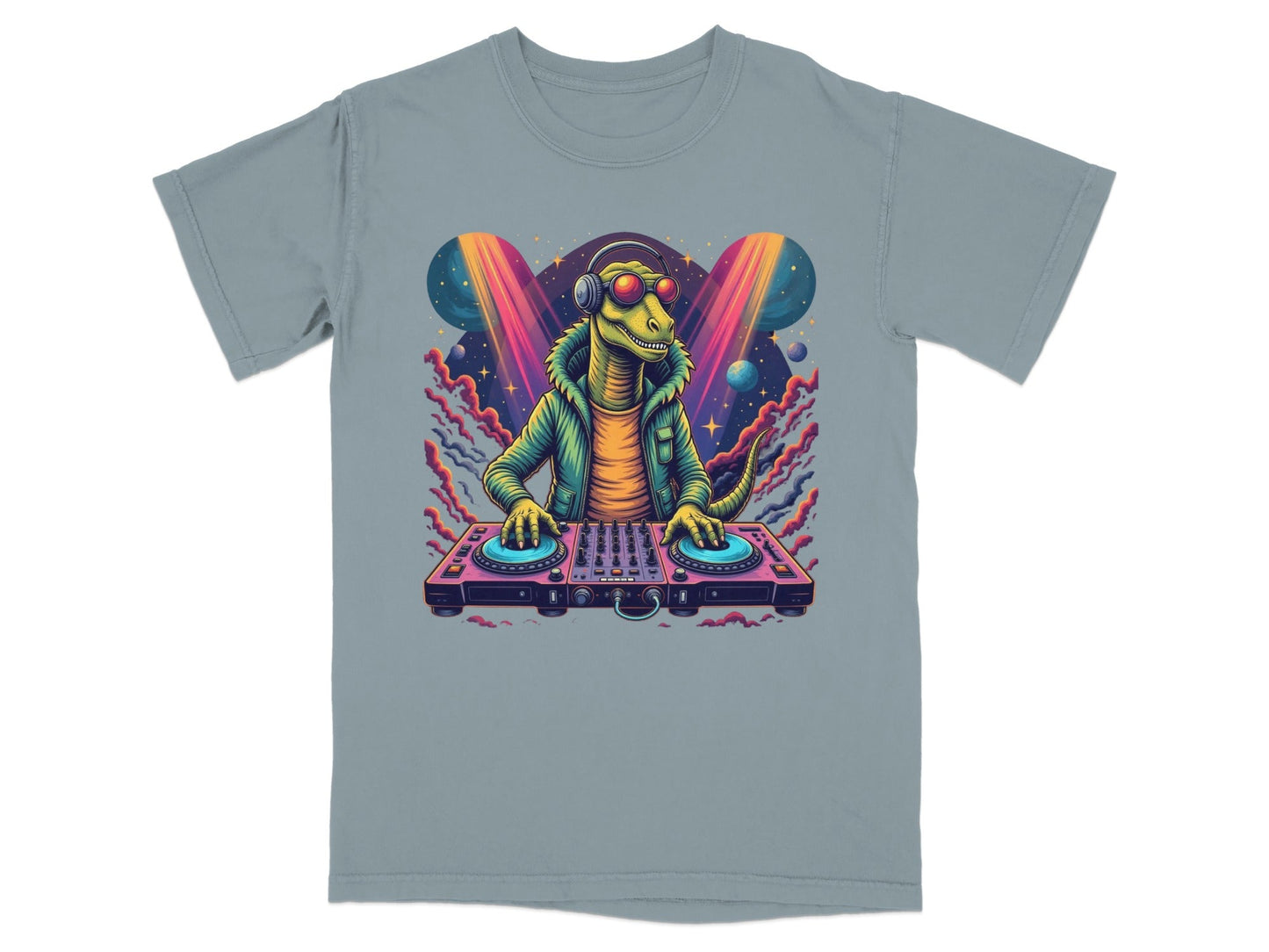 Dinosaur DJ with Headphones and Turntable Graphic T-Shirt - IconVexa