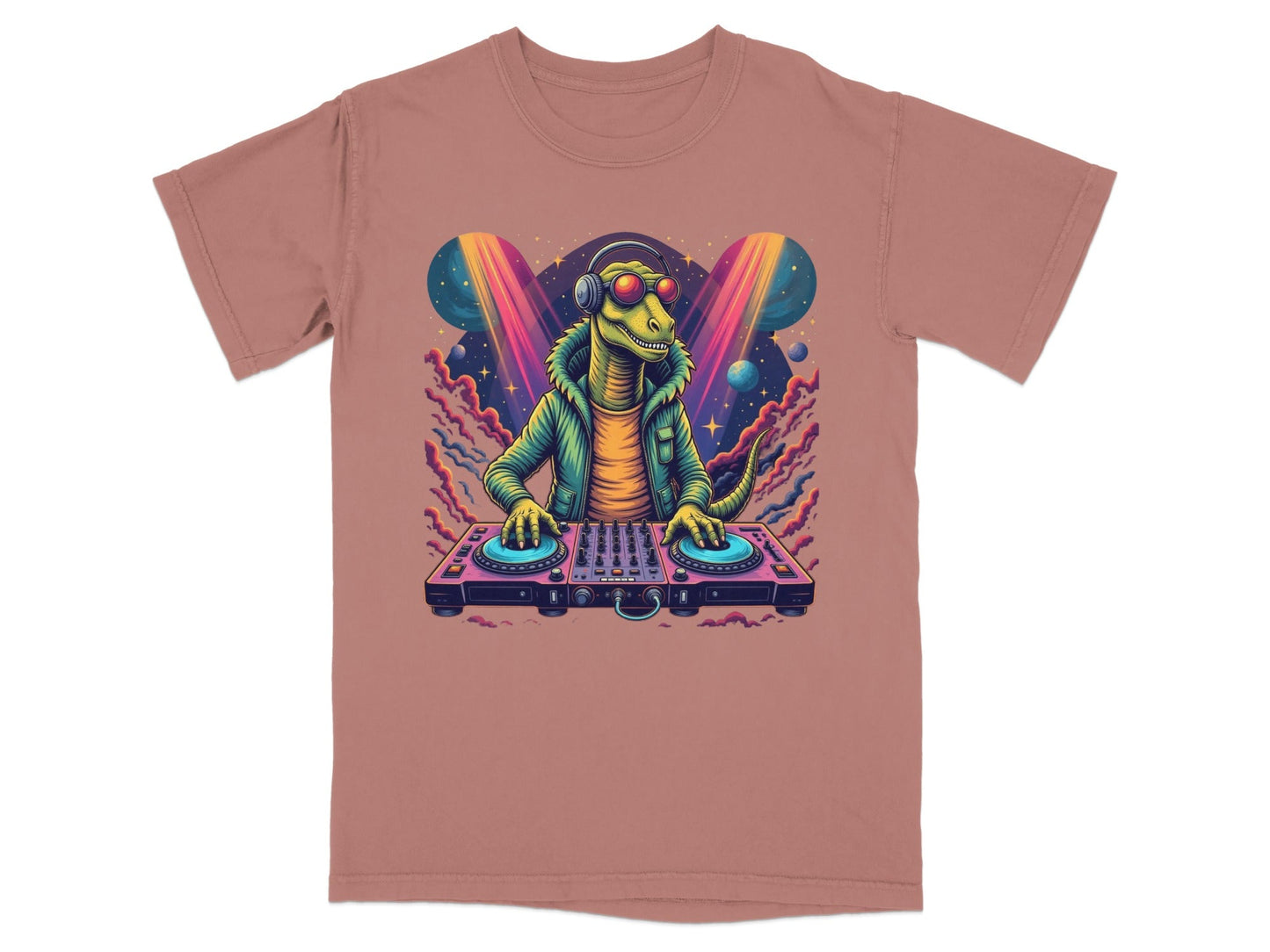 Dinosaur DJ with Headphones and Turntable Graphic T-Shirt - IconVexa