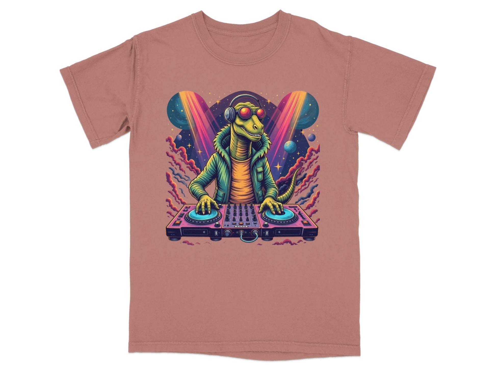 Dinosaur DJ with Headphones and Turntable Graphic T-Shirt - IconVexa