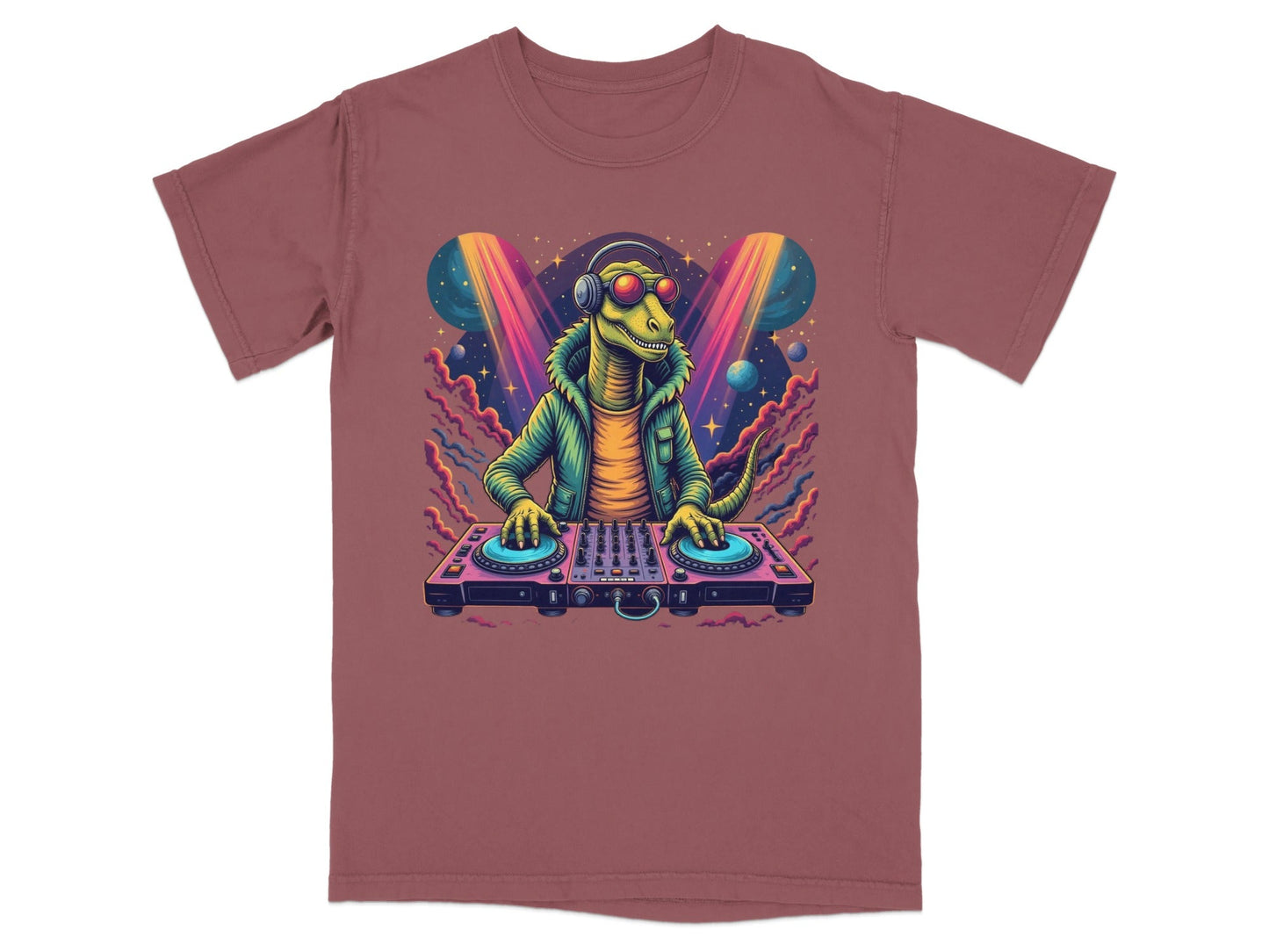 Dinosaur DJ with Headphones and Turntable Graphic T-Shirt - IconVexa