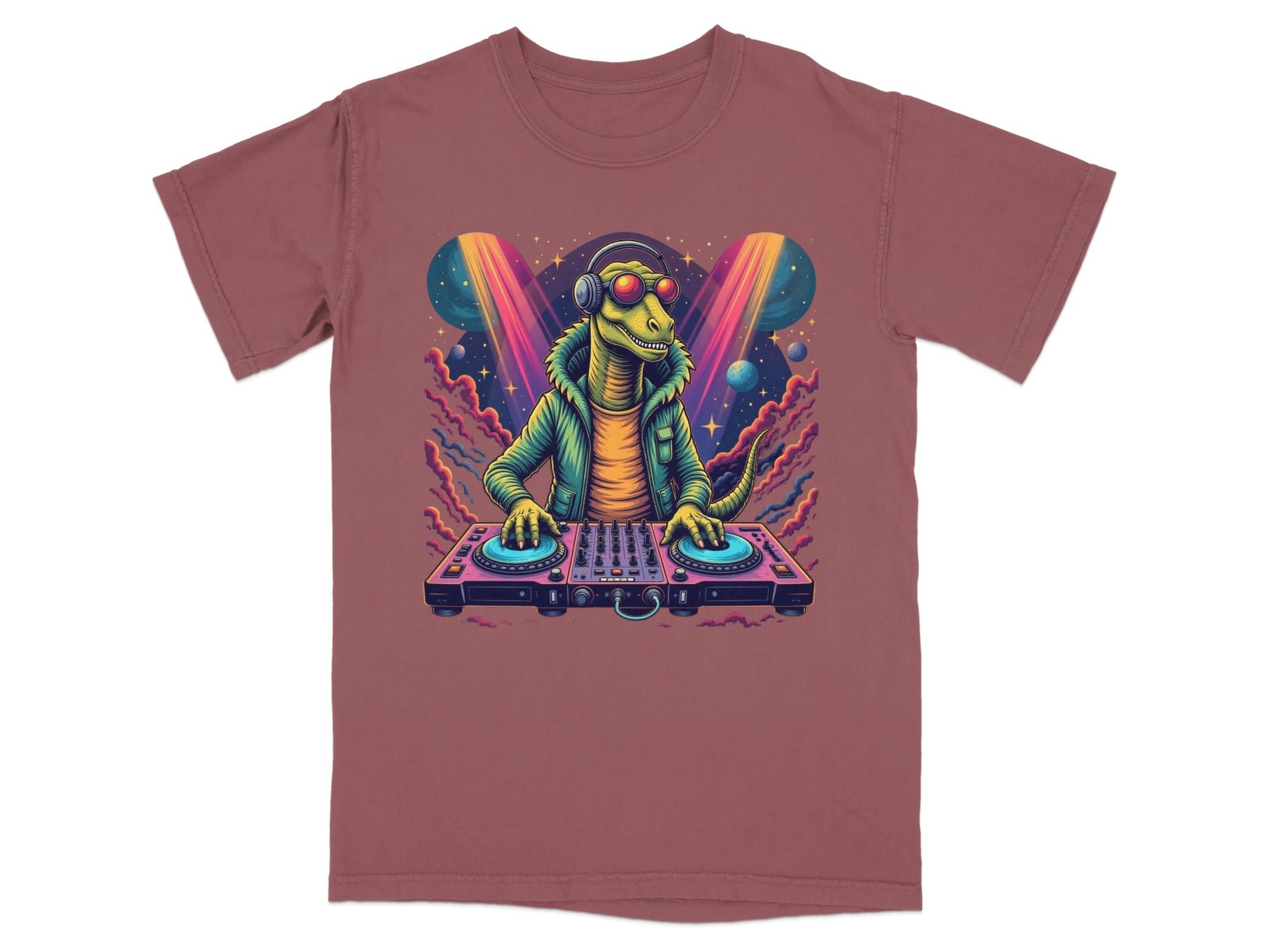 Dinosaur DJ with Headphones and Turntable Graphic T-Shirt - IconVexa