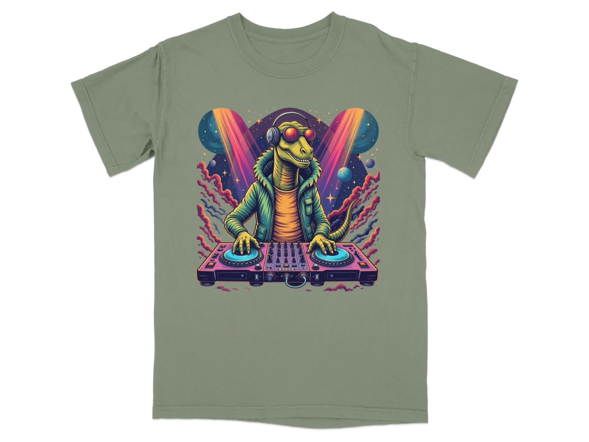 Dinosaur DJ with Headphones and Turntable Graphic T-Shirt - IconVexa