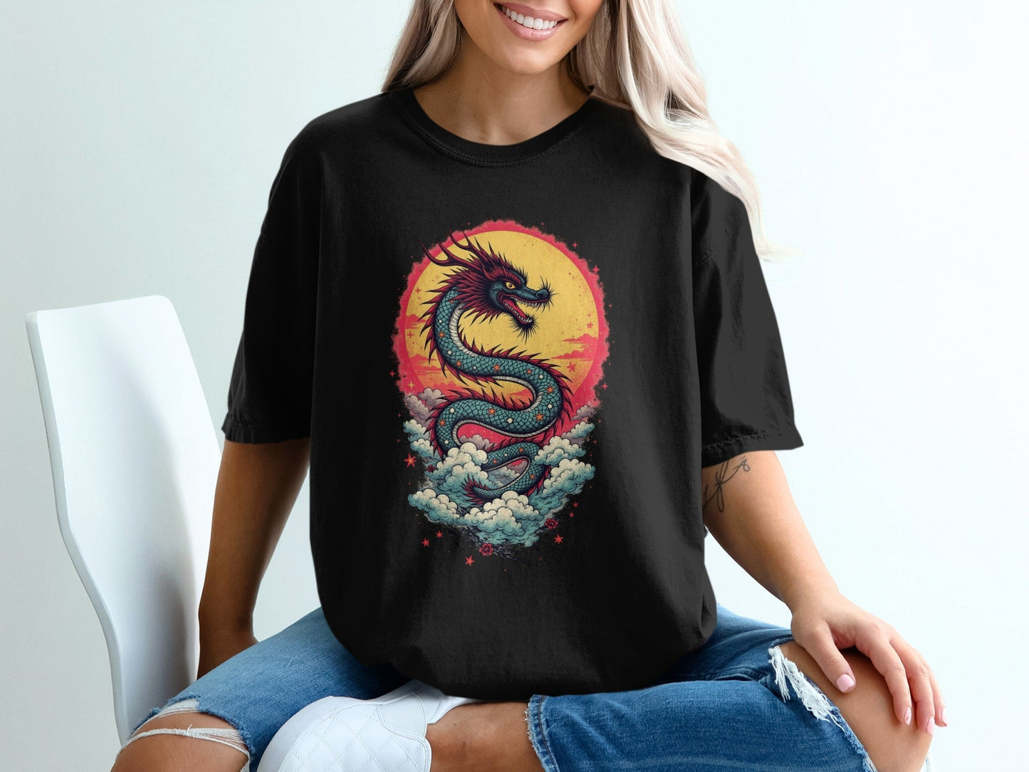 Dragon in front of the sun on a Blue Shirt Graphic T-Shirt - IconVexa