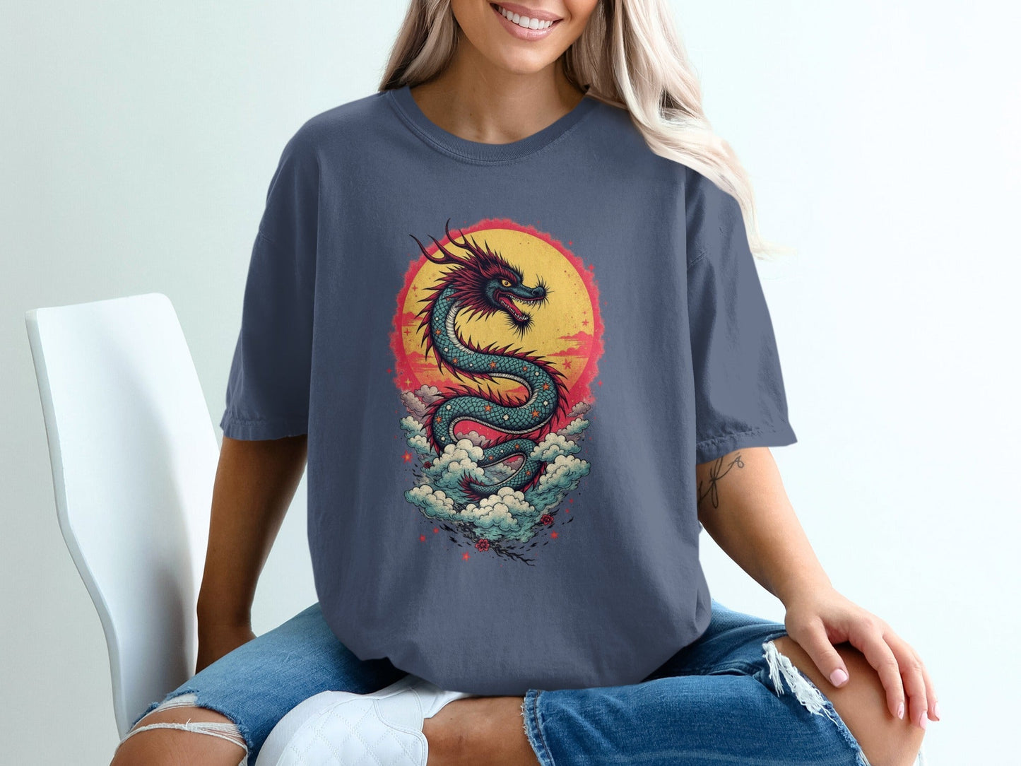 Dragon in front of the sun on a Blue Shirt Graphic T-Shirt - IconVexa